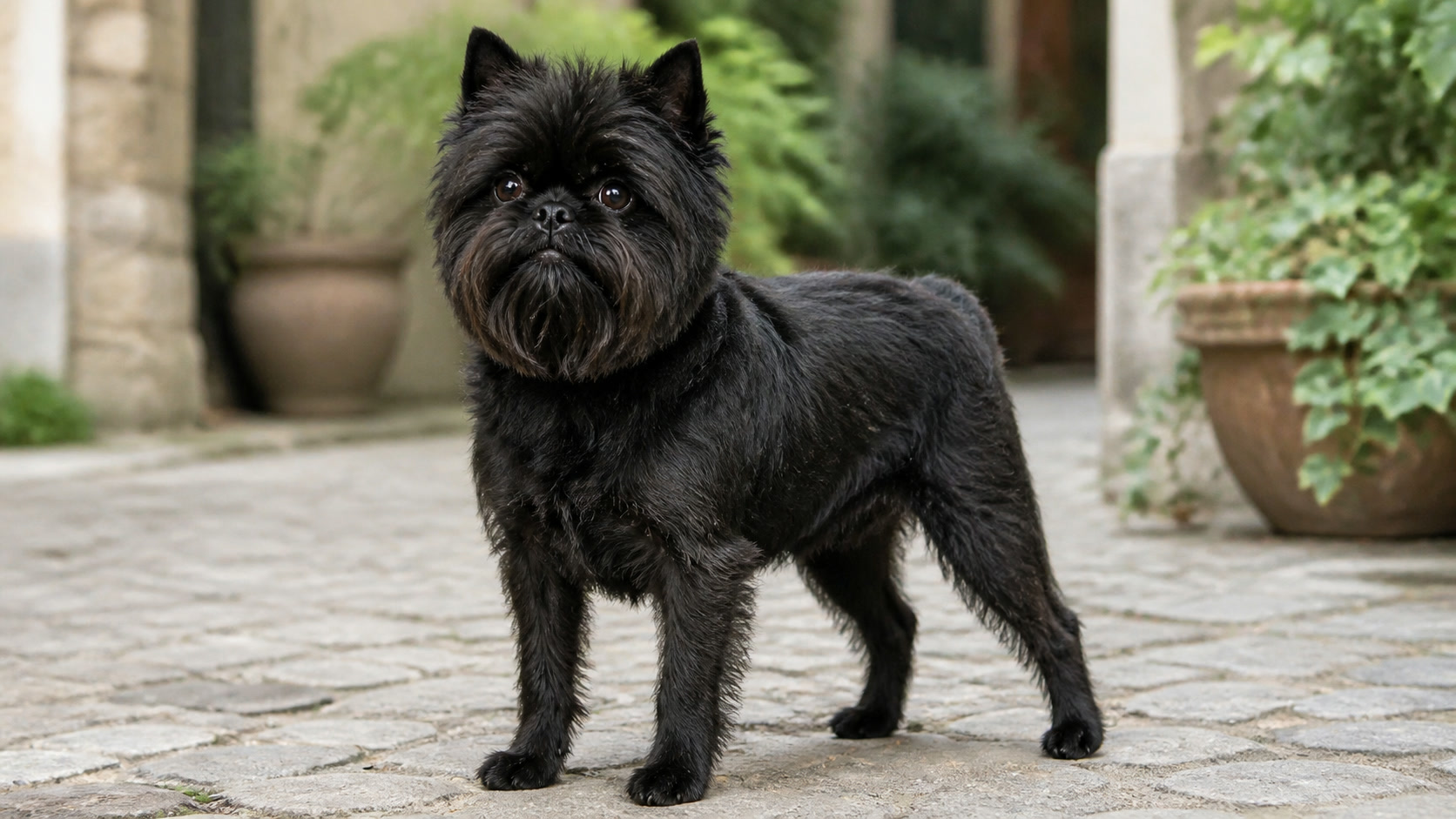 Adult Affenpinscher with a wiry black coat and alert expression