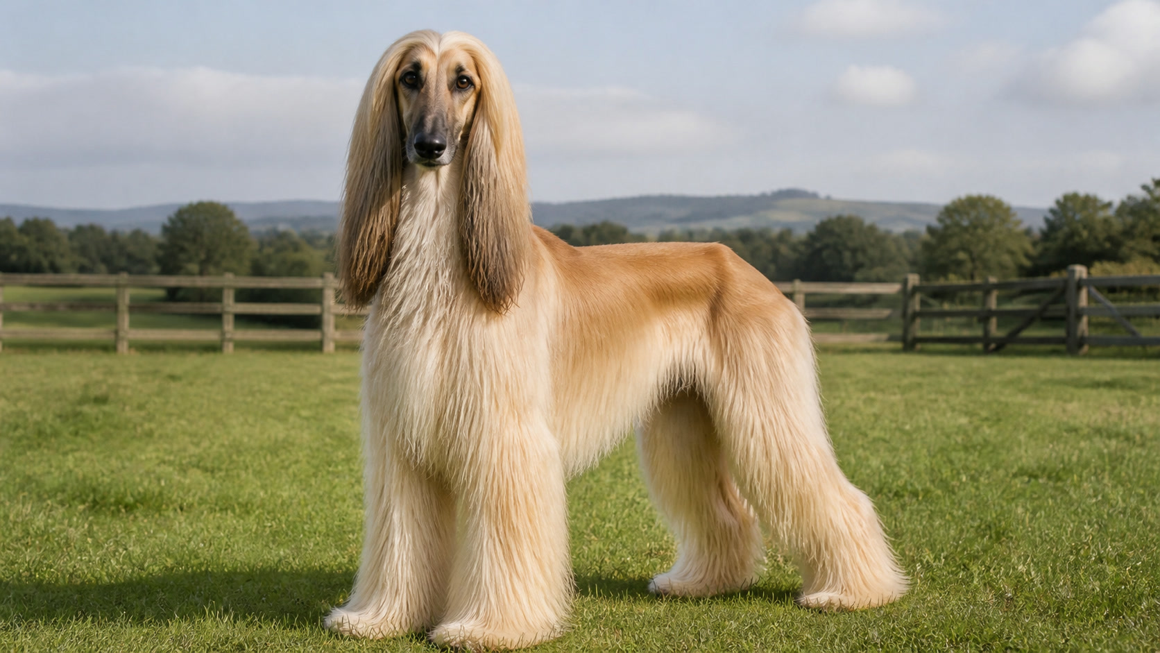 Adult Afghan Hound with a long flowing coat standing in a secure outdoor field