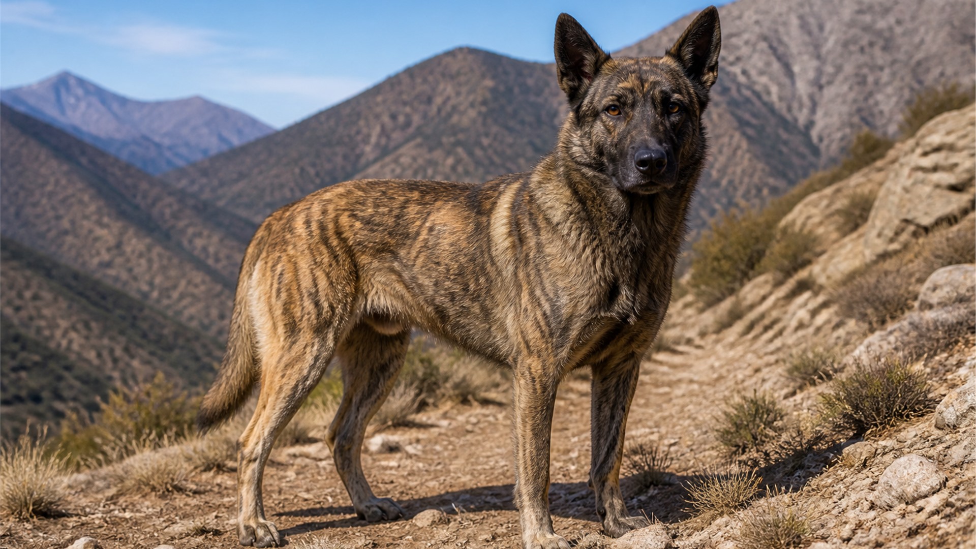 Aidi Atlas Mountain Dog standing on a rocky countryside path