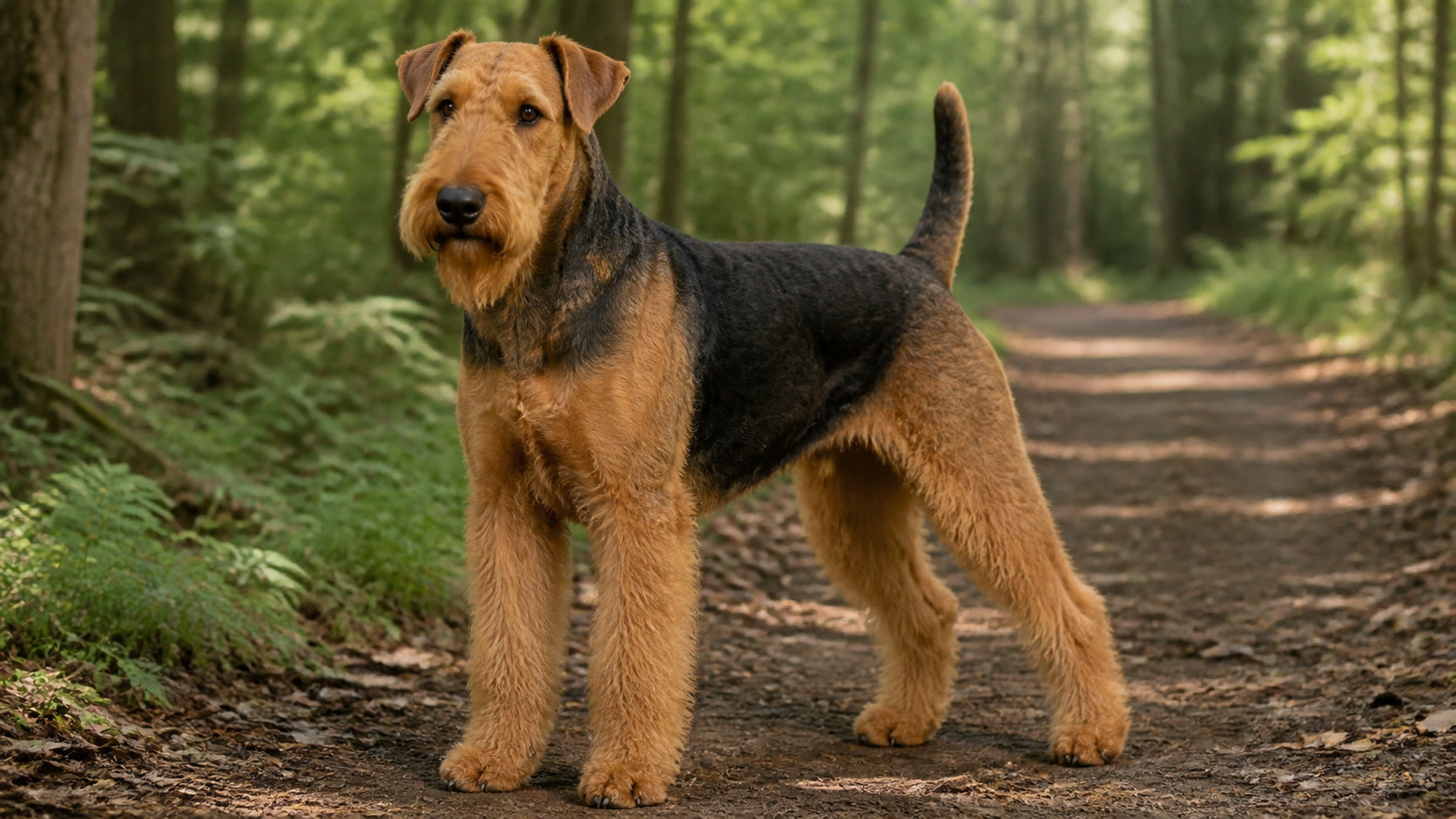 Adult Airedale Terrier with a wiry tan and black coat standing outdoors