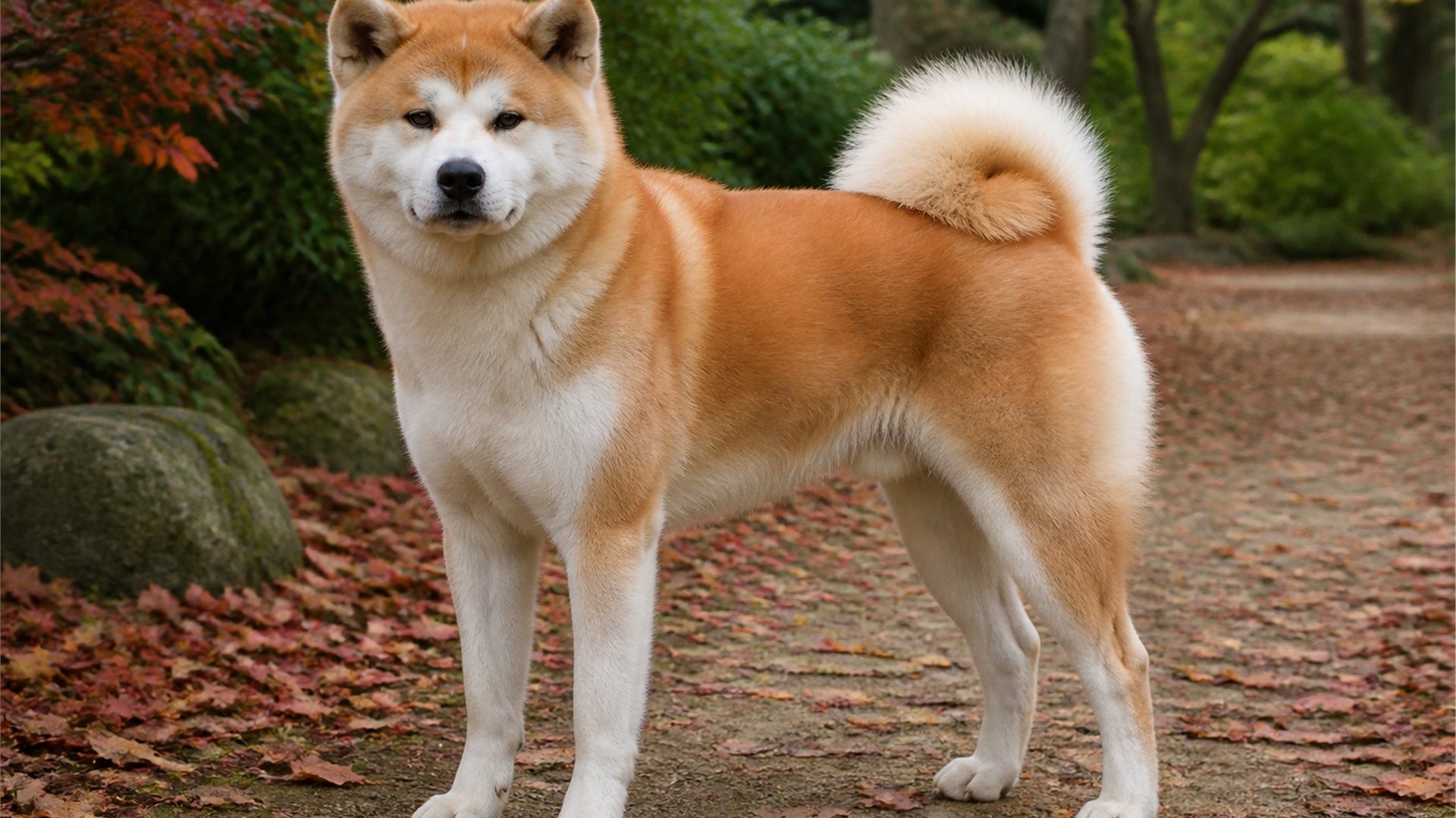 Adult Akita with a dense coat and curled tail standing calmly outdoors