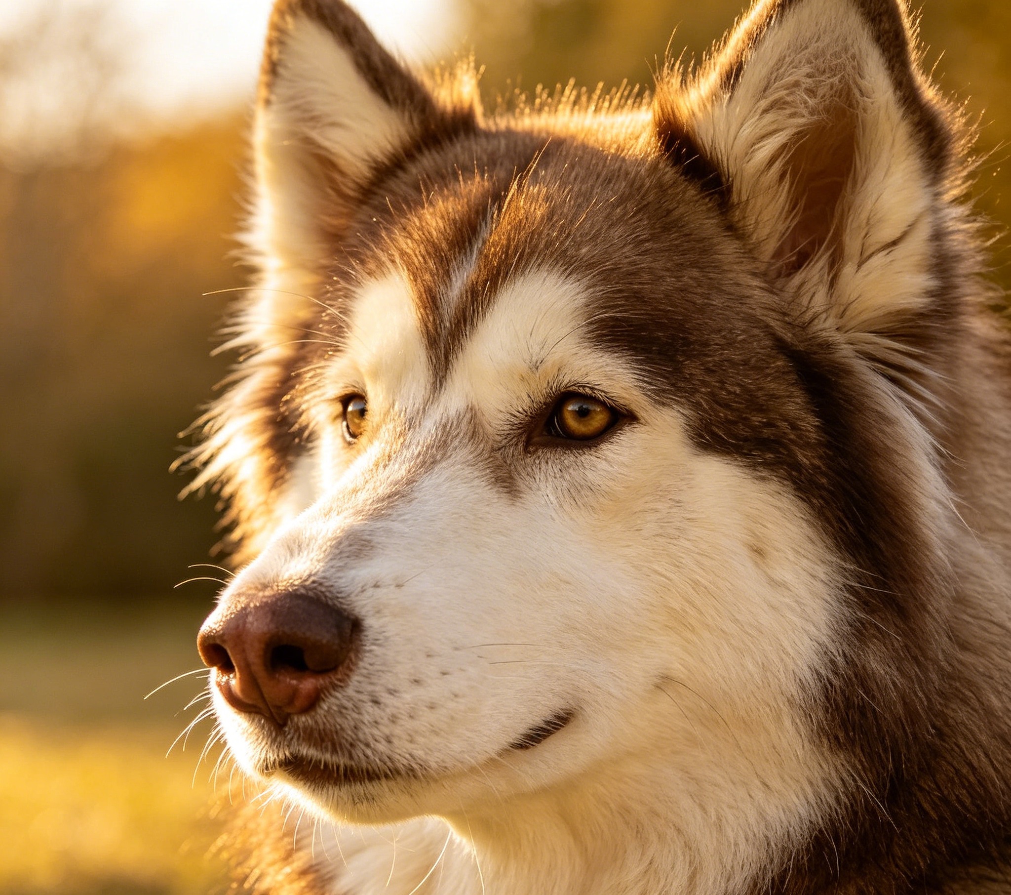 Gray and white Alaskan Malamute standing powerfully with its plush double coat and plumed tail
