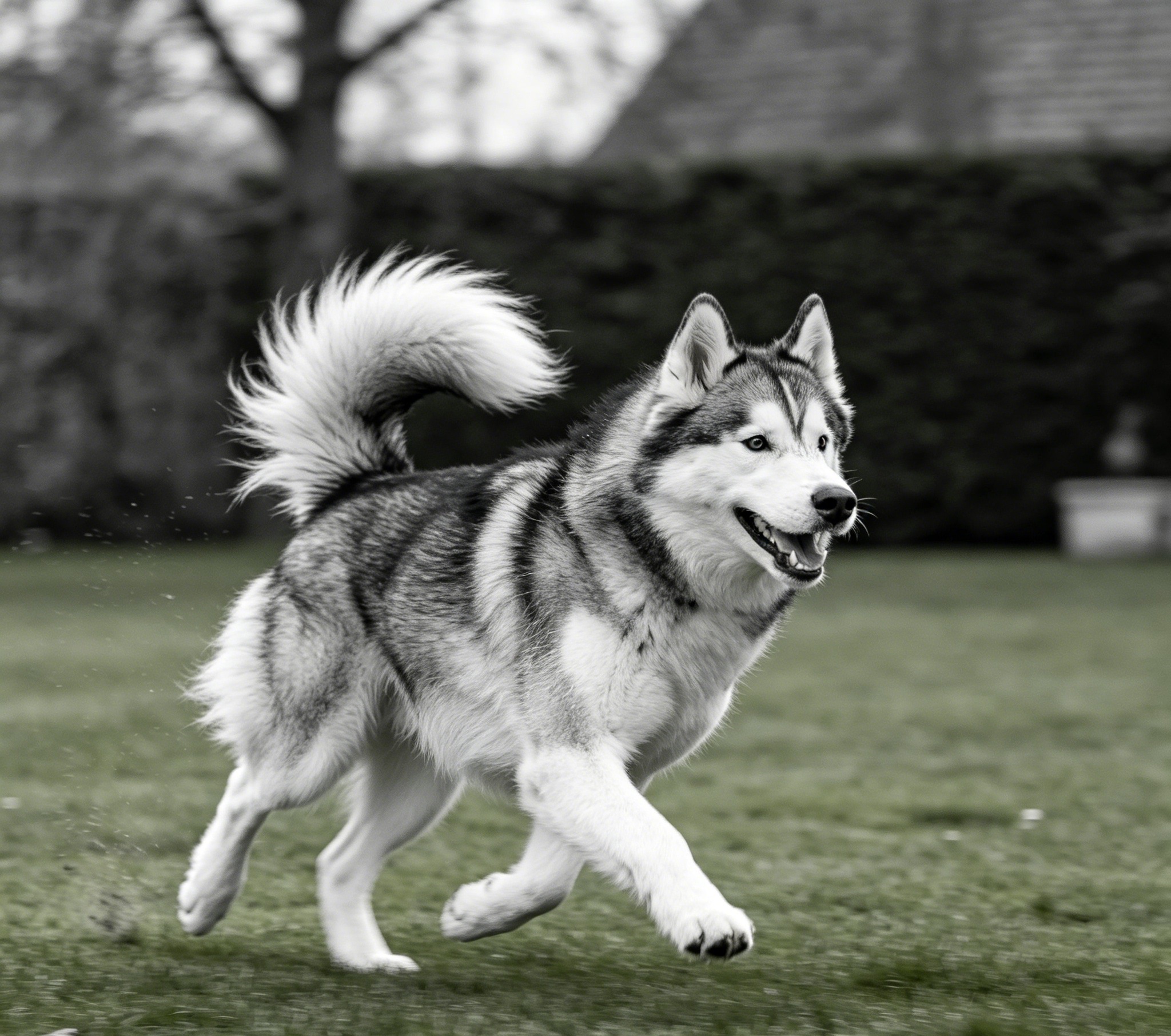 Alaskan Malamute pulling enthusiastically on a snowy trail with its thick coat fluffed against the cold