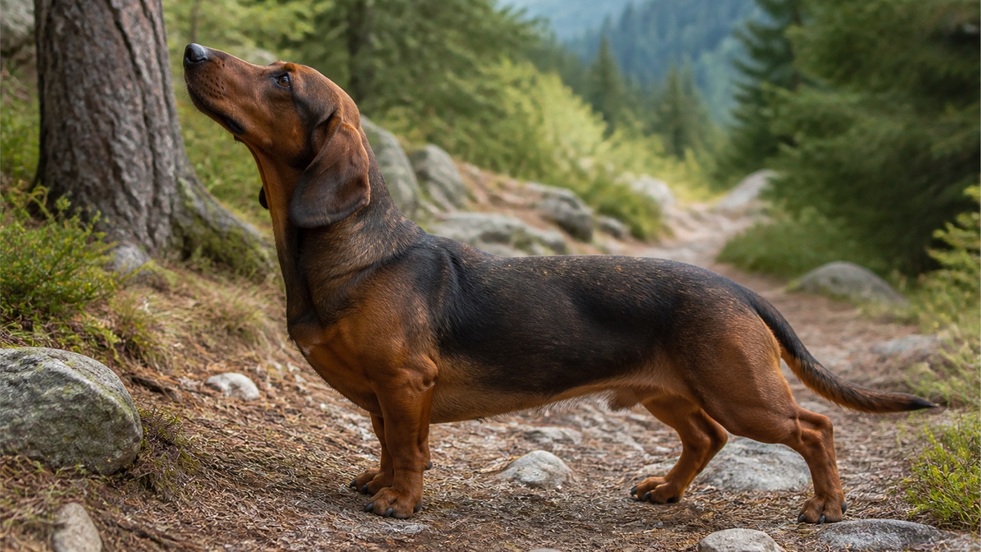 Alpine Dachsbracke standing on a woodland path