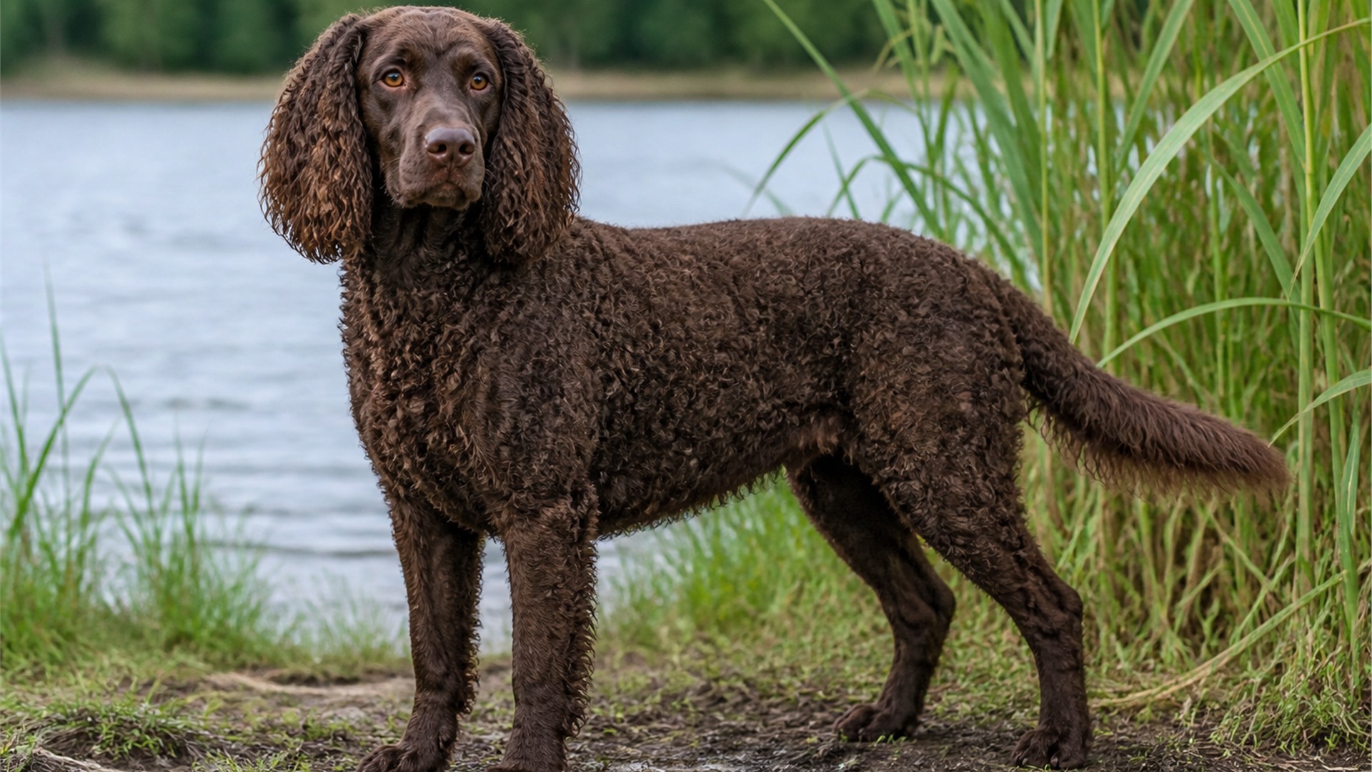 American Water Spaniel with a curly brown coat near a lakeshore