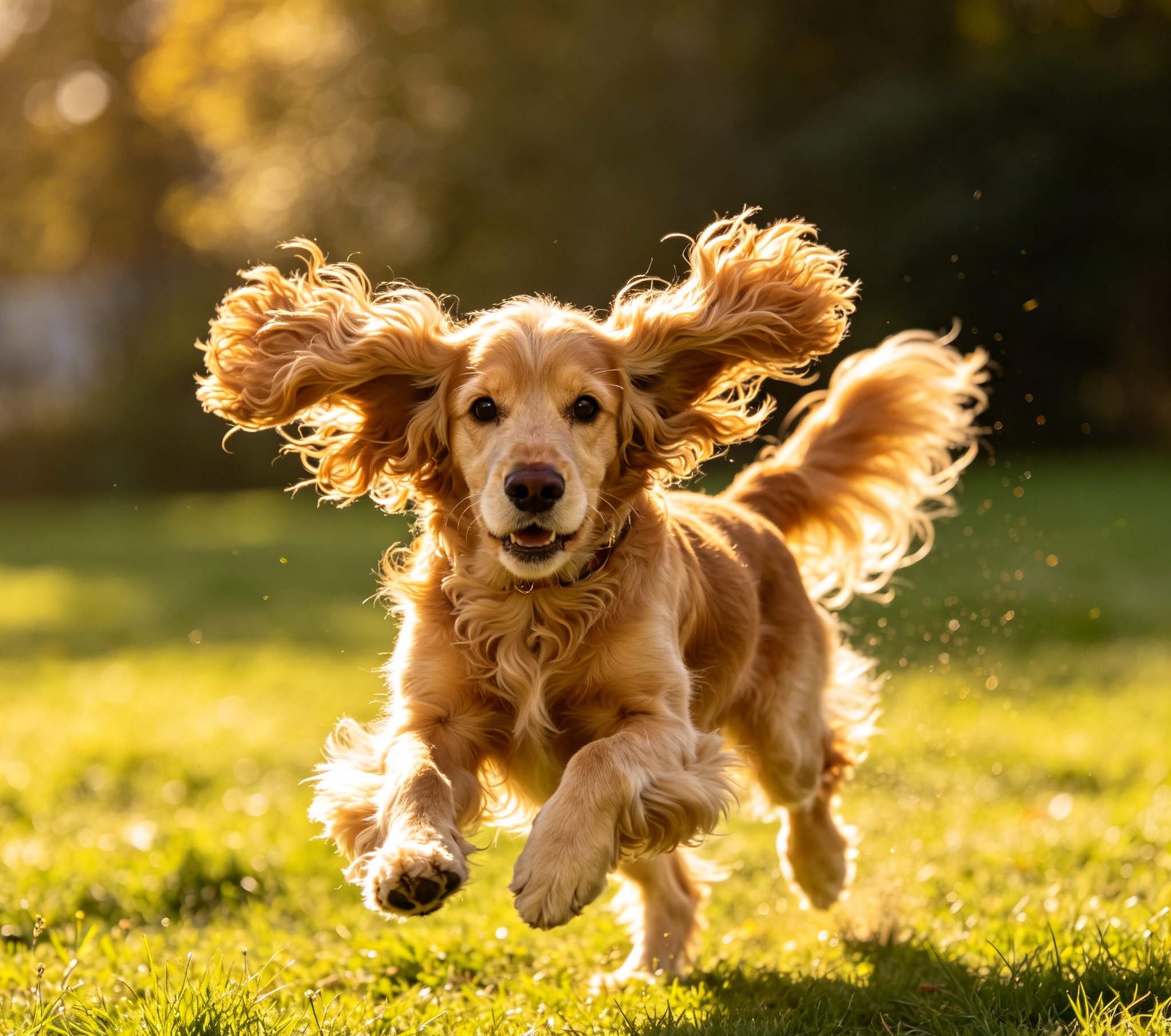 American Cocker Spaniel playing outdoors with feathered coat and ears in motion