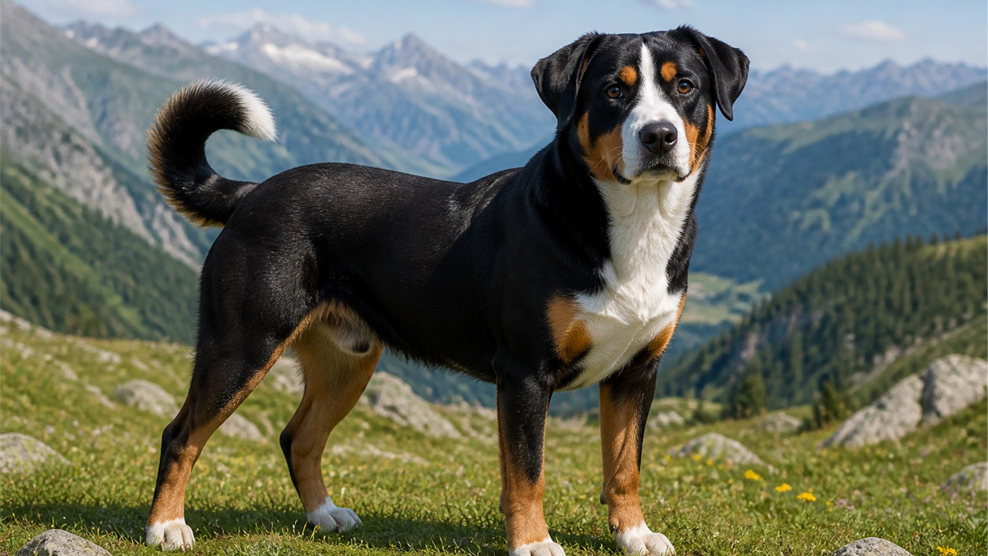 Appenzeller Sennenhund with a tricolor coat standing on a trail