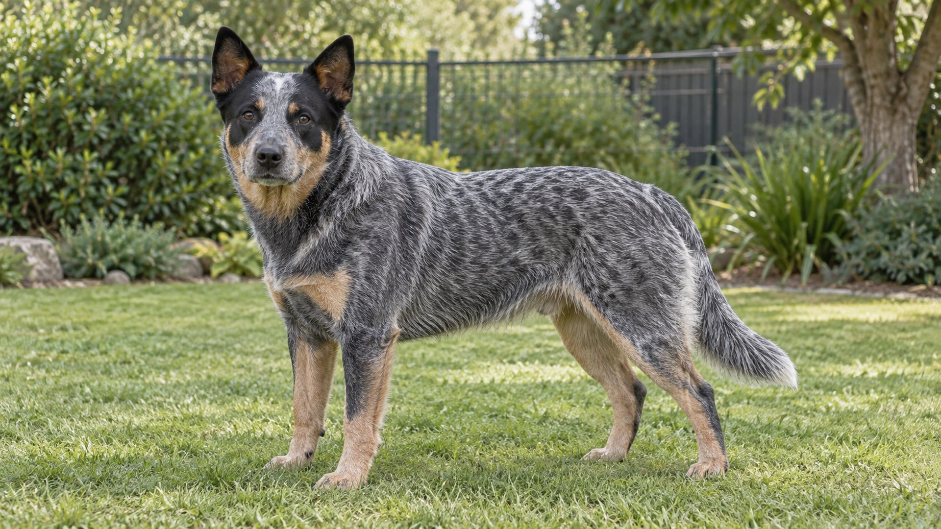 Adult blue-speckled Australian Cattle Dog standing on a garden lawn with upright ears and a long tail