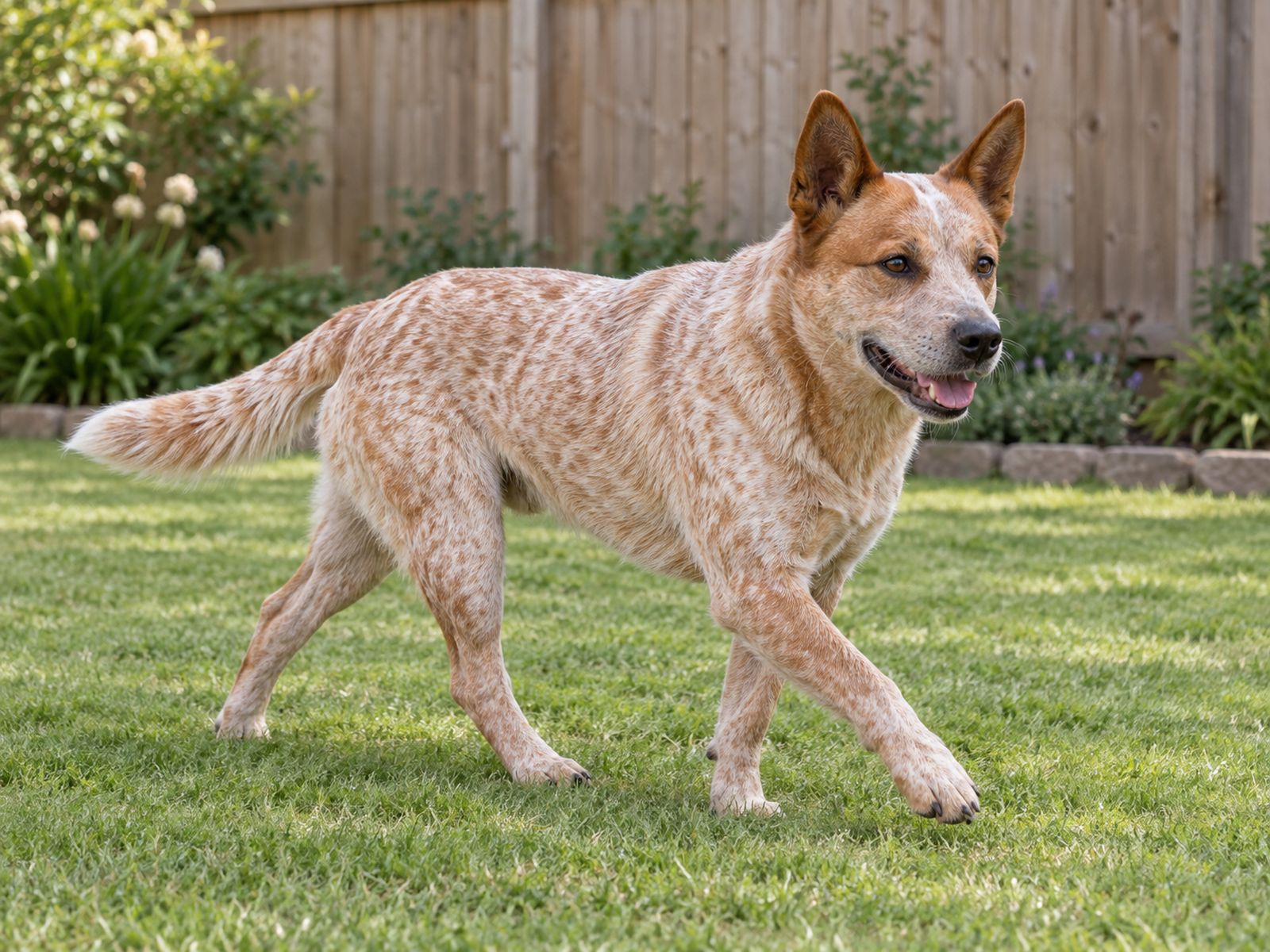 Red-speckled Australian Cattle Dog trotting across grass with a wooden garden fence behind it