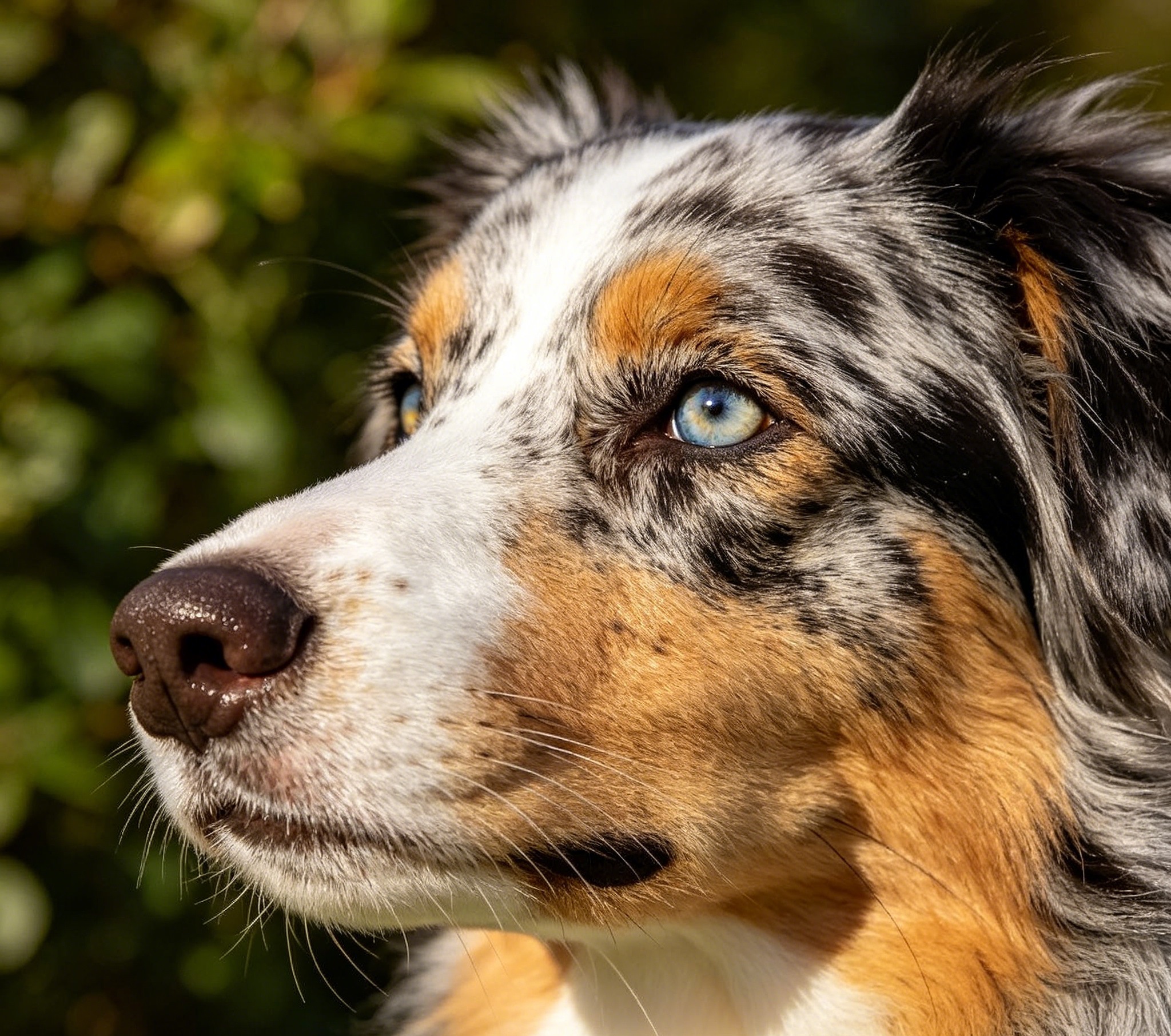 Adult Australian Shepherd standing alert outdoors, showing the blue merle coat, copper points, and bright watchful eyes