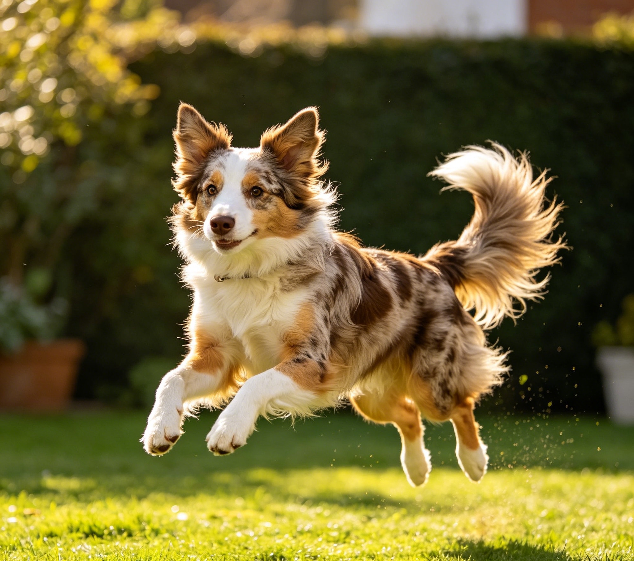Australian Shepherd leaping to catch a toy in mid-air, coat flying