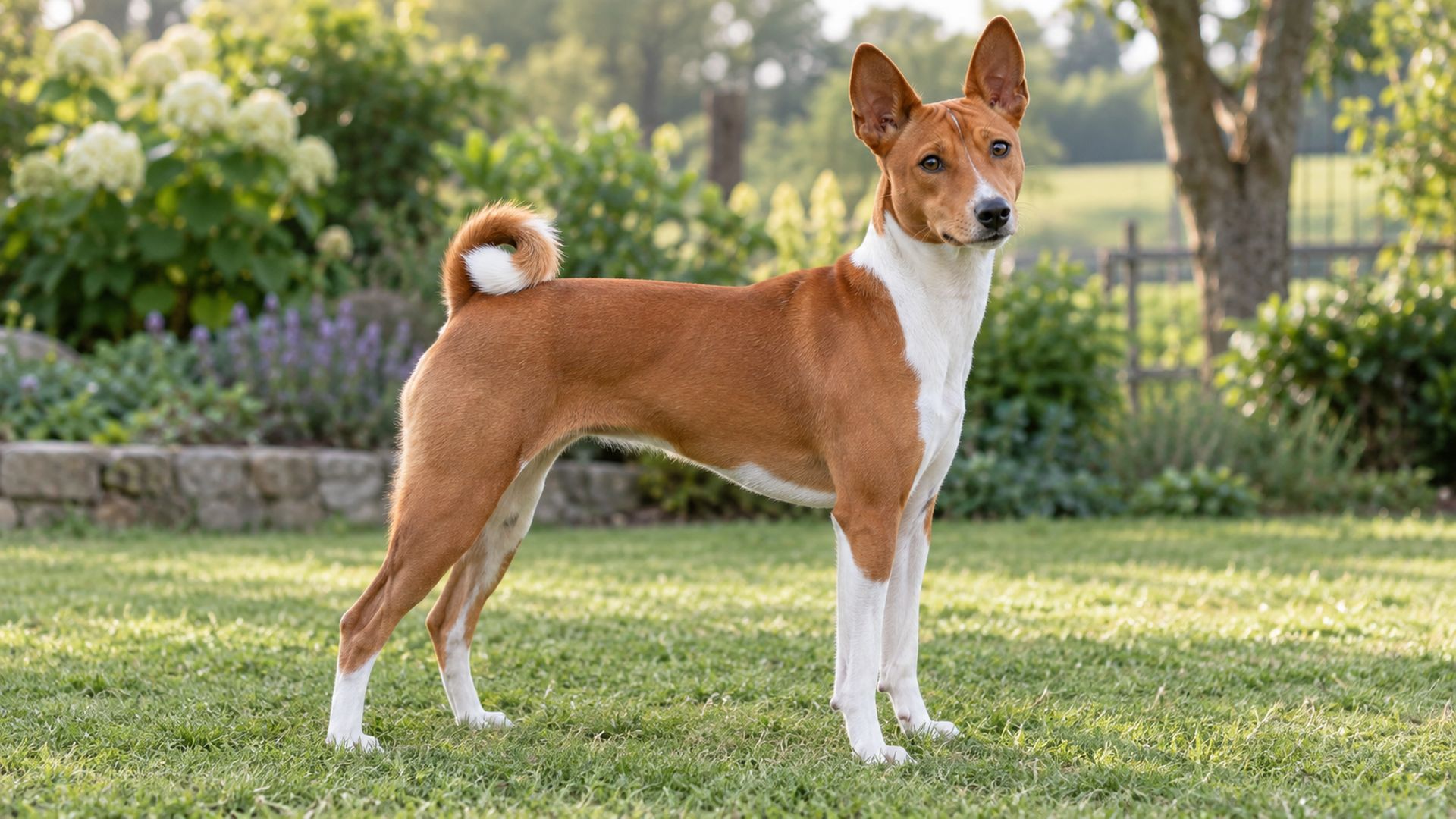 Adult red-and-white Basenji standing on grass with upright ears and a tightly curled tail