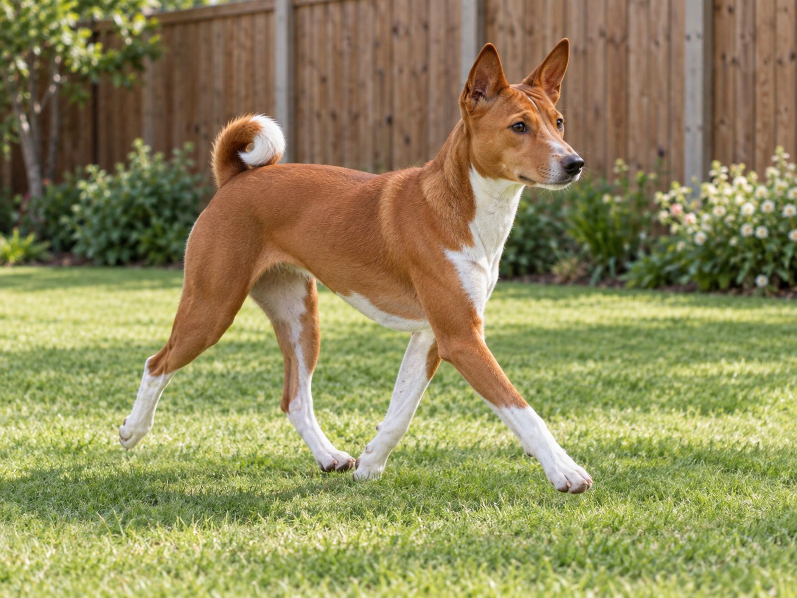 Red-and-white Basenji trotting across a lawn with a wooden garden fence behind it