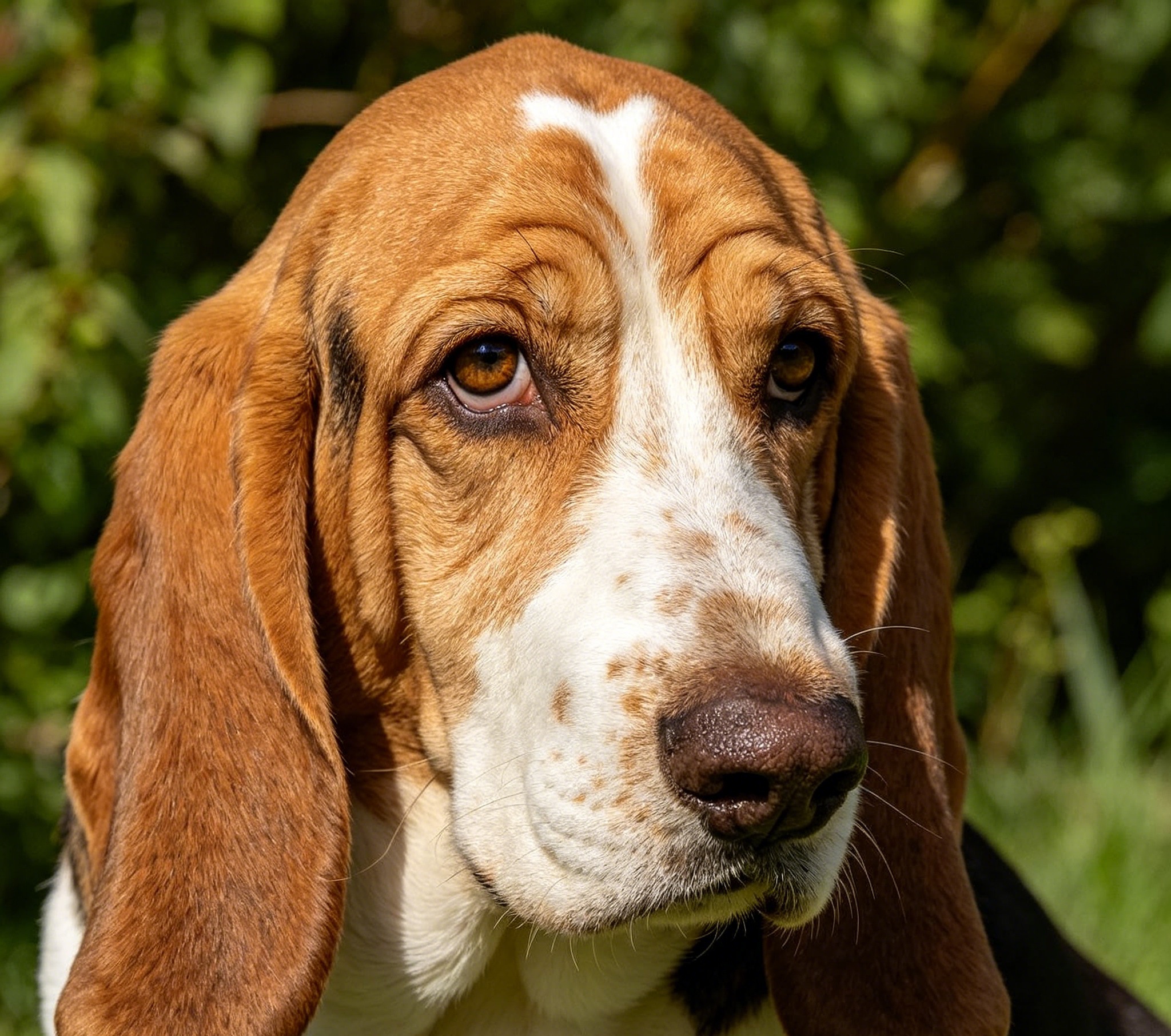 Adult Basset Hound with long droopy ears, wrinkled brow, and a low-slung body