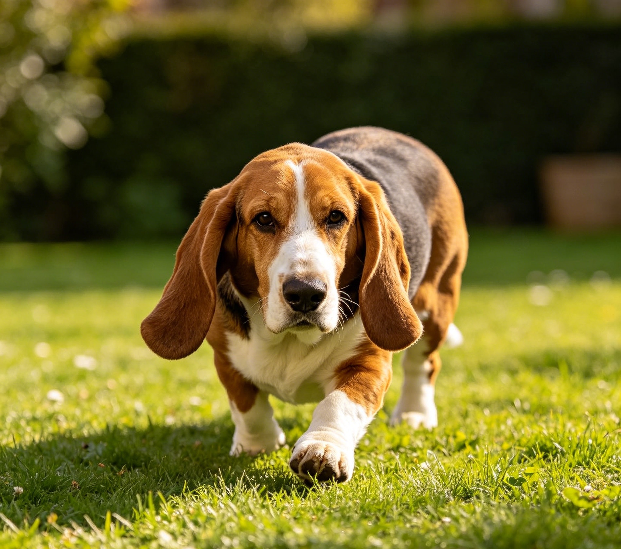 Basset Hound walking outdoors, long ears swinging and nose to the ground