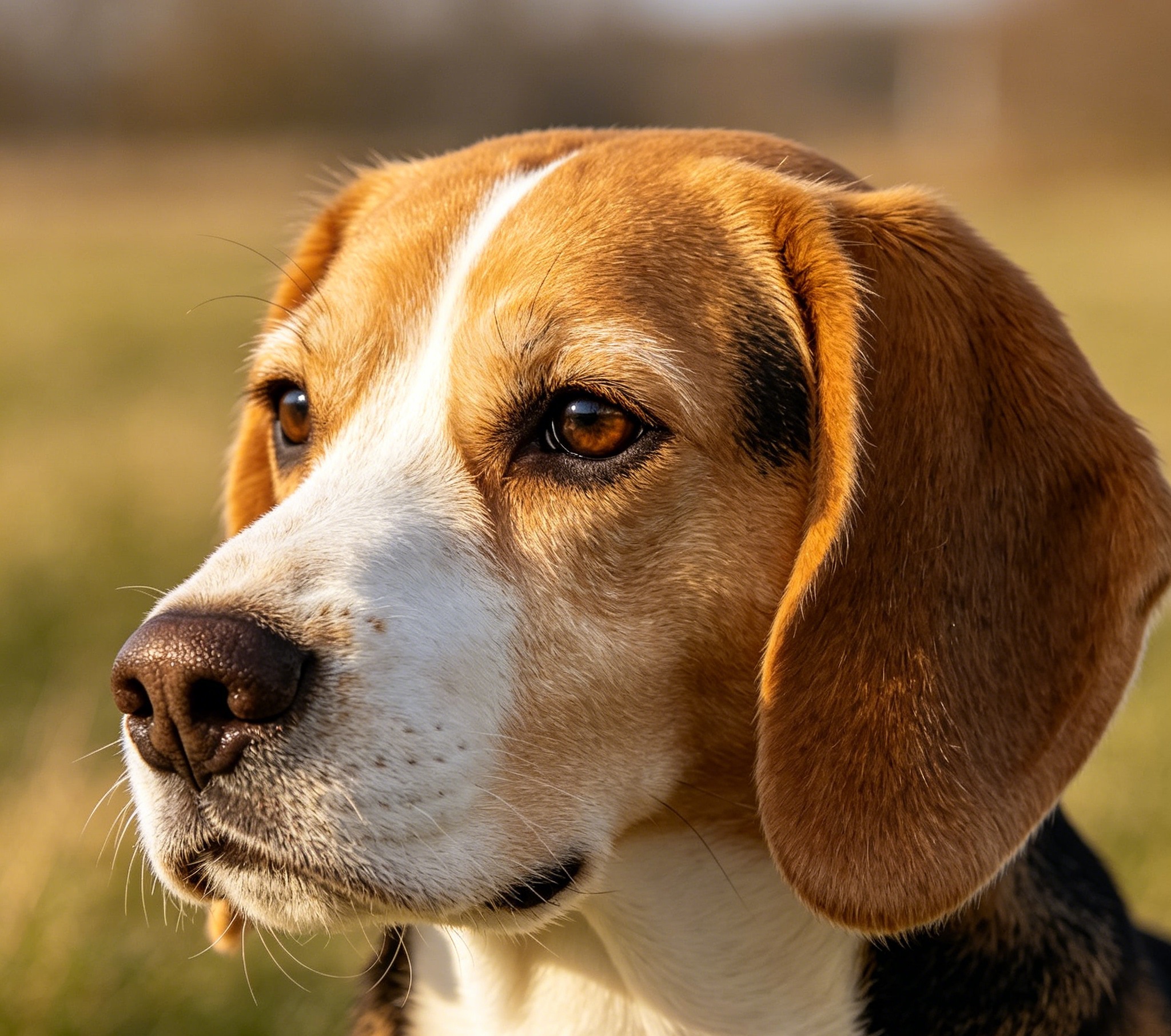 Tricolor Beagle with floppy ears and a soft, friendly expression nose to the ground