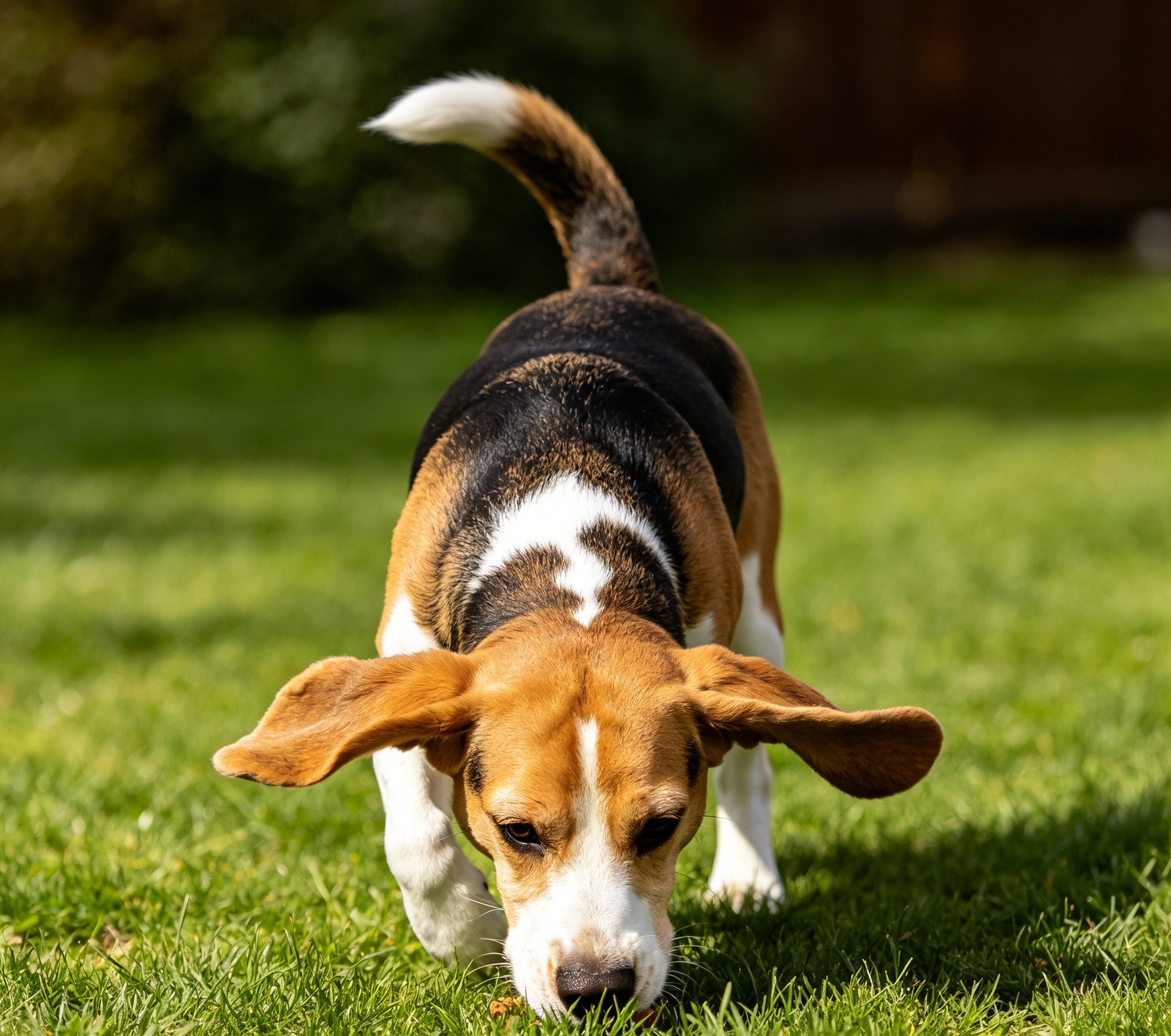 Beagle running across a field with ears flying and nose working the ground