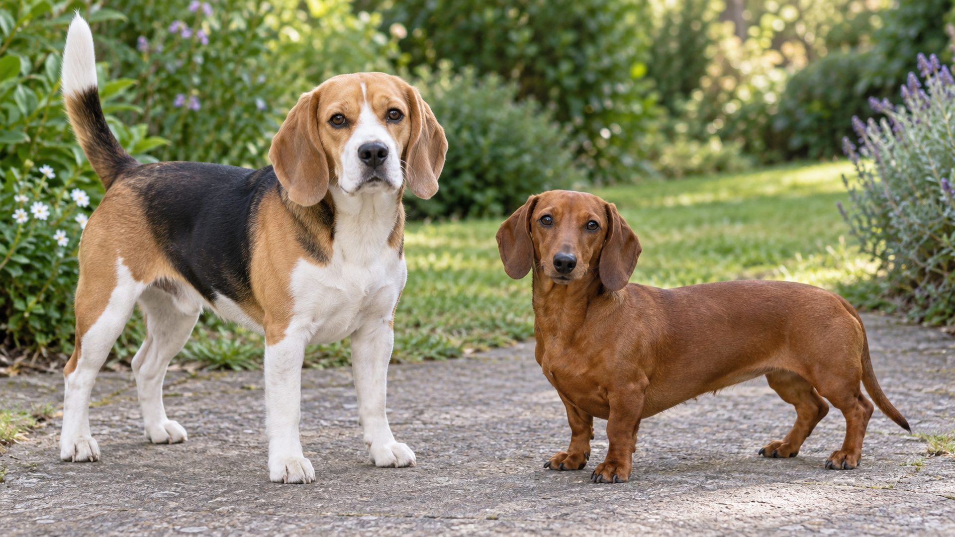 Tricolor Beagle and a shorter red smooth-haired Dachshund standing apart on a level garden path
