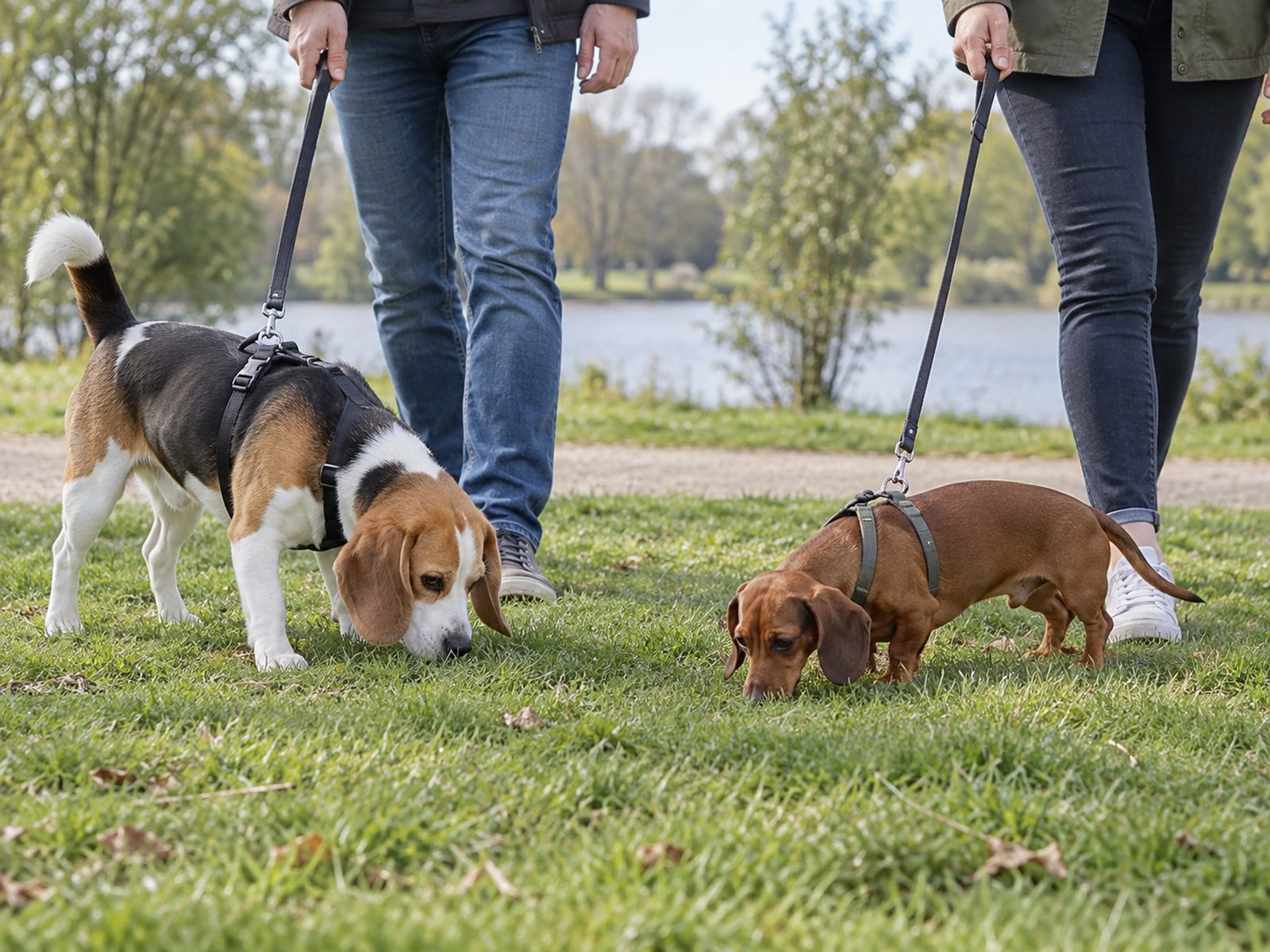 Beagle and red Dachshund sniffing a grassy park verge while two adults hold their separate leads