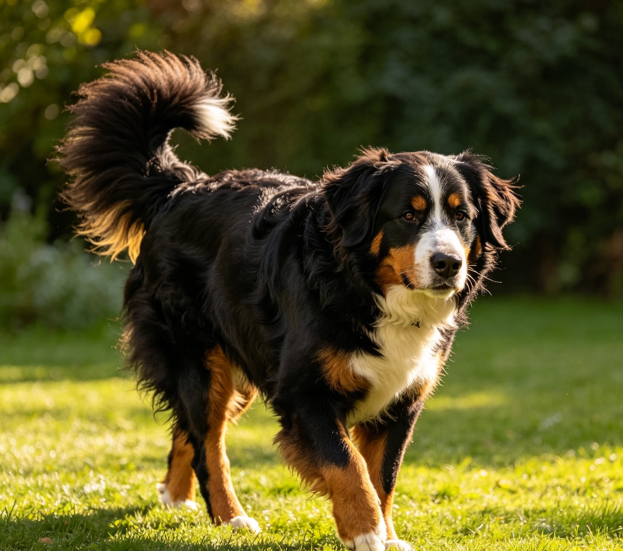 Bernese Mountain Dog trotting outdoors in cool weather, coat in motion