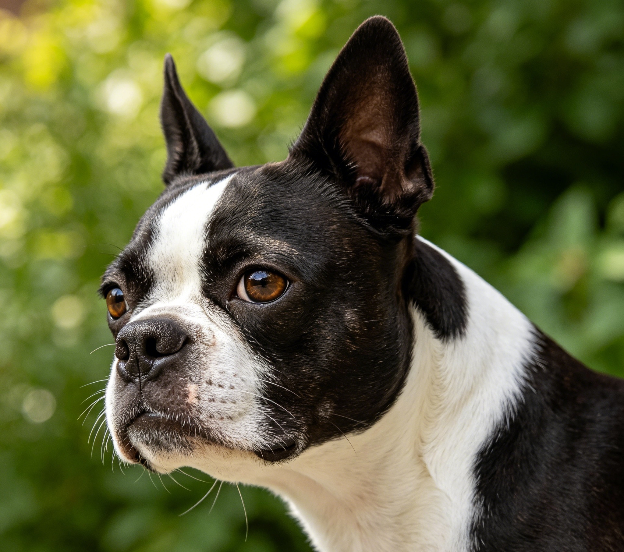 Adult Boston Terrier with black-and-white tuxedo markings and large round eyes