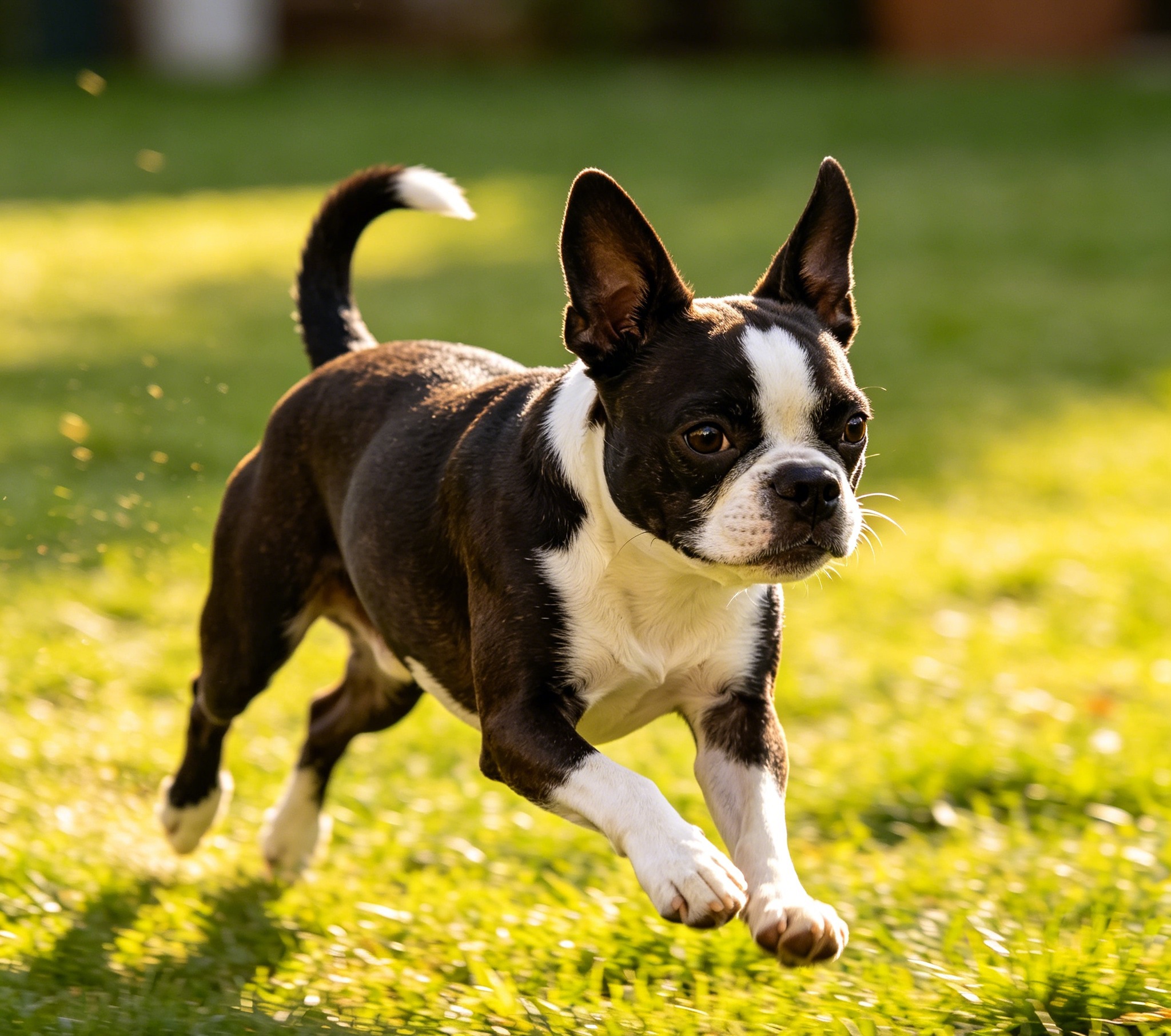 Boston Terrier playing outdoors, tuxedo markings and bright eyes on display
