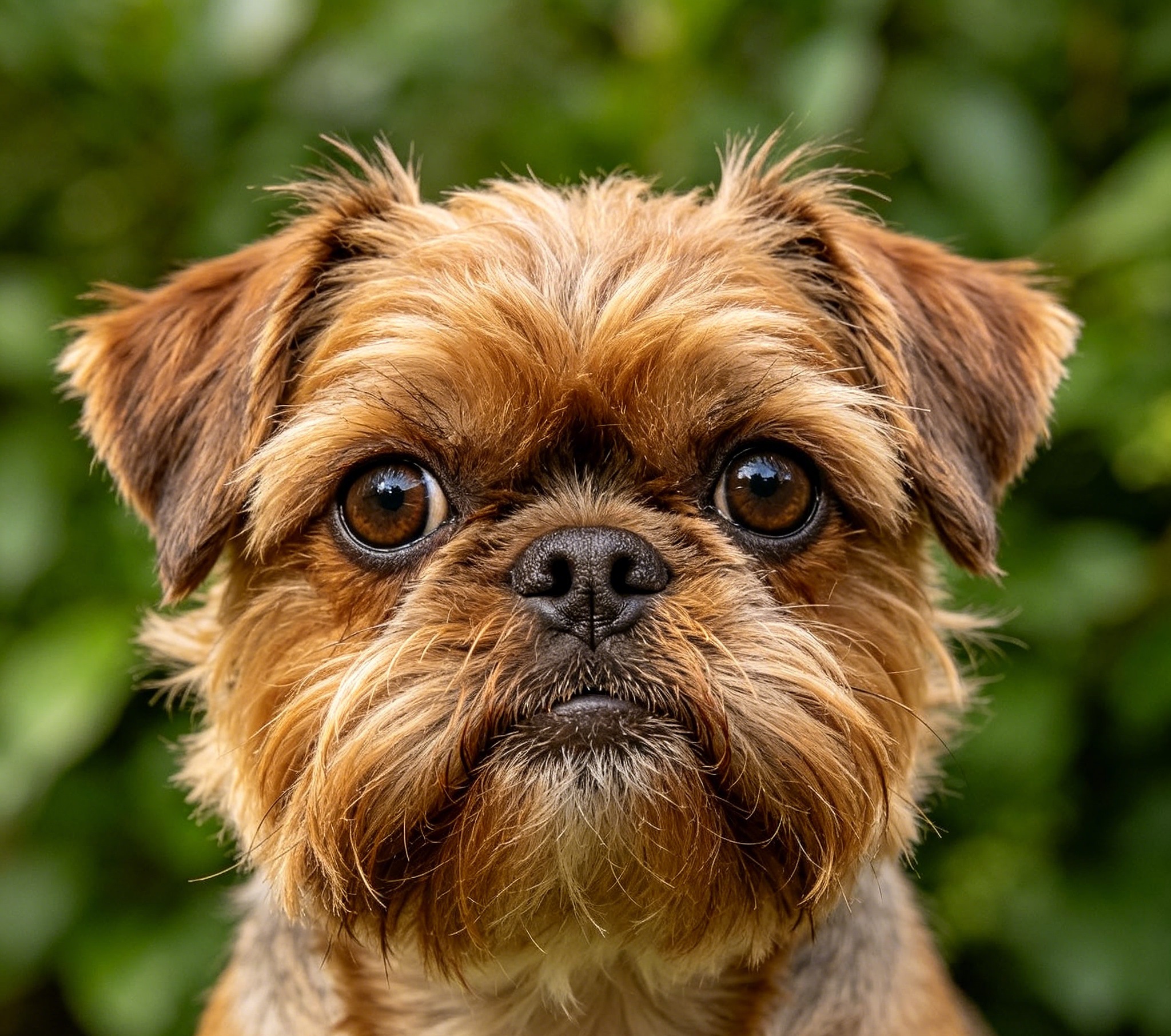 Adult Brussels Griffon with a human-like face, beard, and large dark eyes
