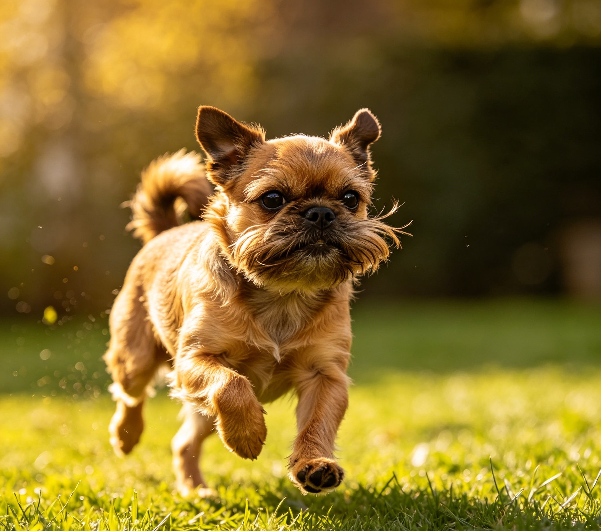Brussels Griffon playing outdoors, beard and wiry coat visible