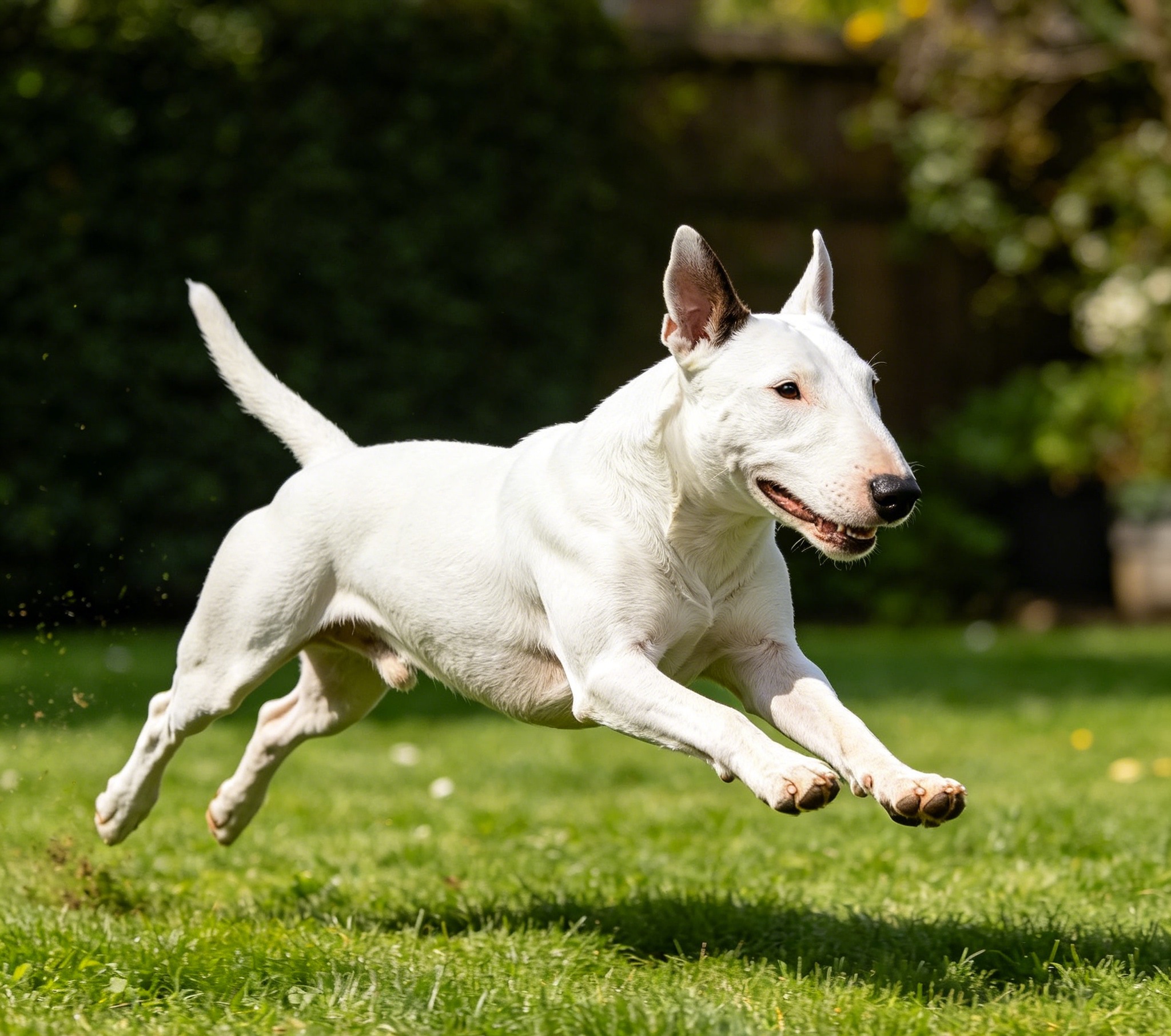 White Bull Terrier running and playing on grass, showing its athletic, muscular movement