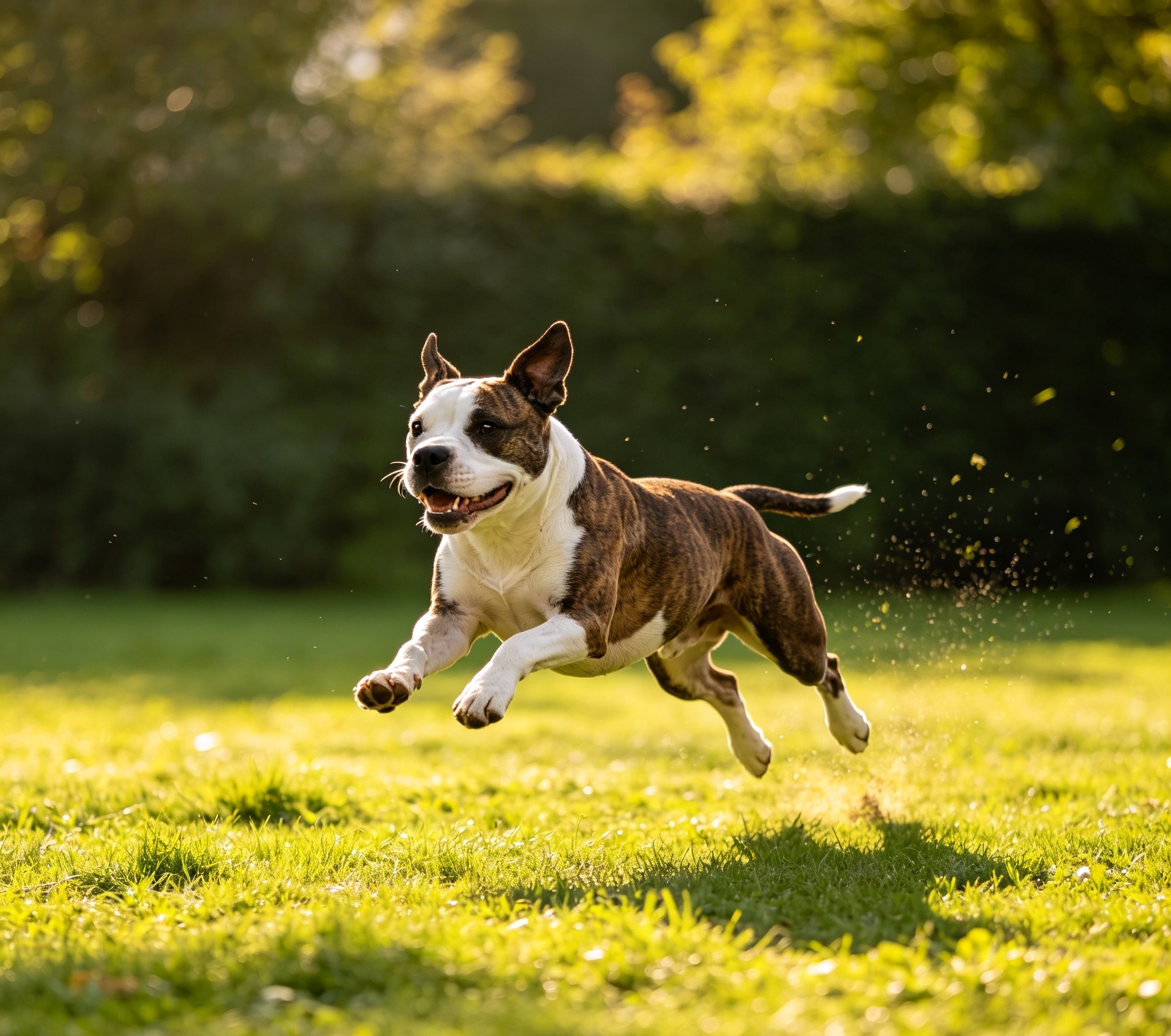 Bull Terrier running and playing outdoors, showing its athletic, muscular movement