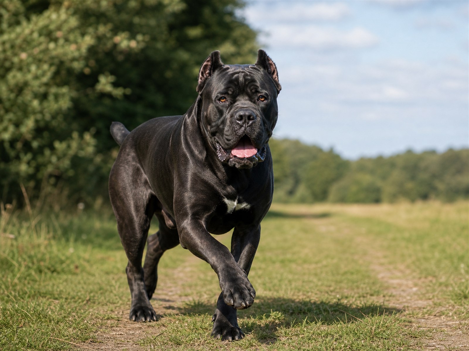 Cane Corso trotting outdoors with a powerful athletic body and focused expression