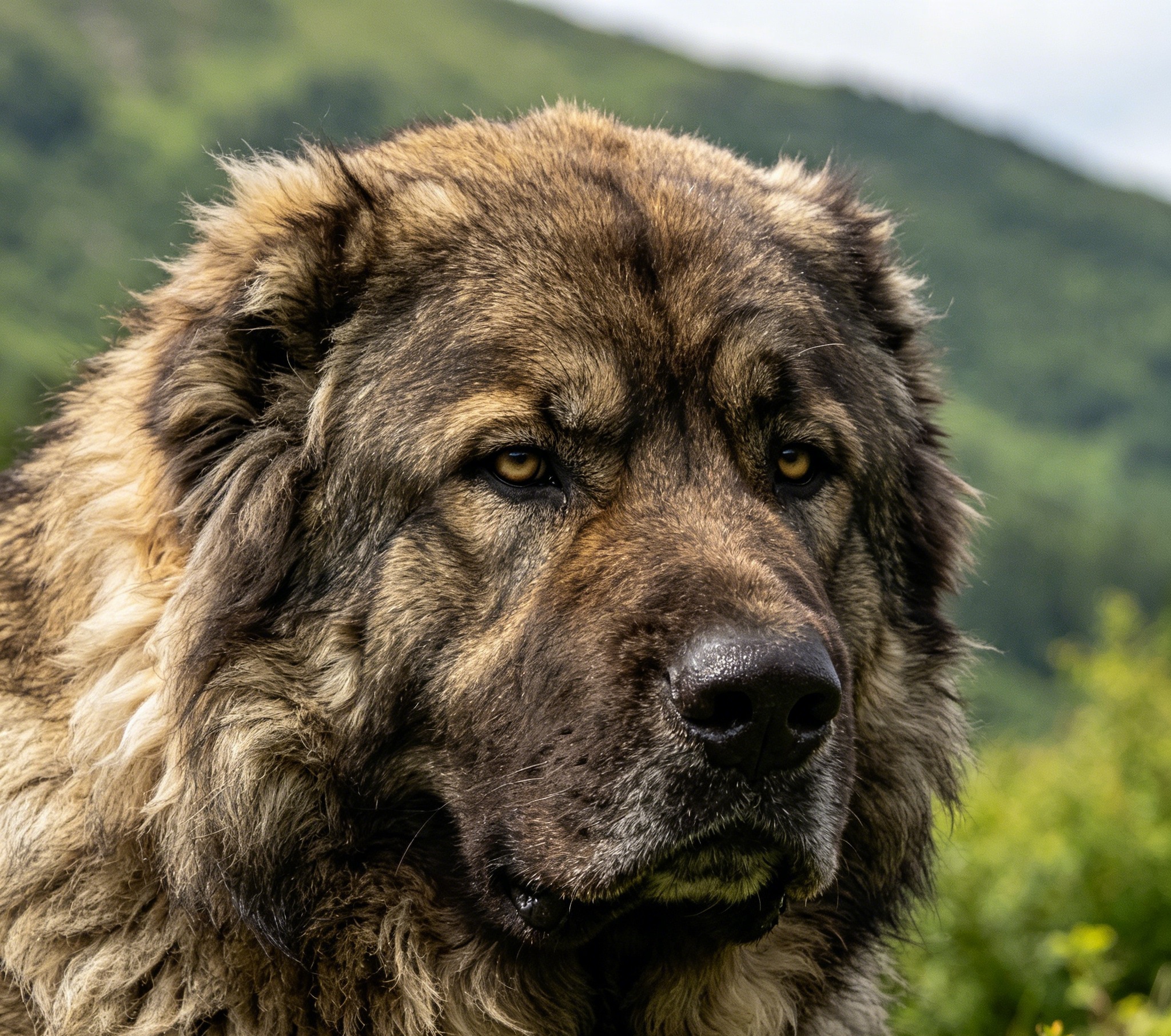 Adult Caucasian Shepherd Dog, broad-headed and heavily coated, with a watchful gaze