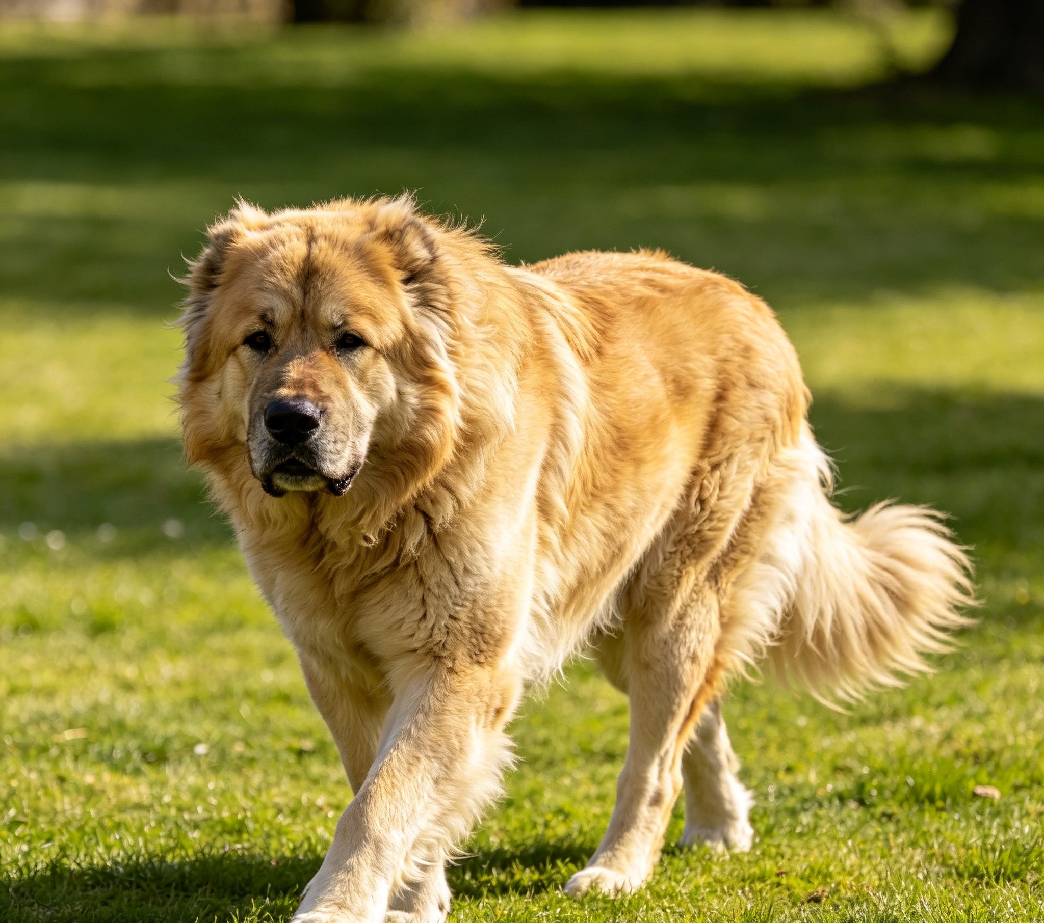 Caucasian Shepherd Dog moving across a large open yard, coat full and dense