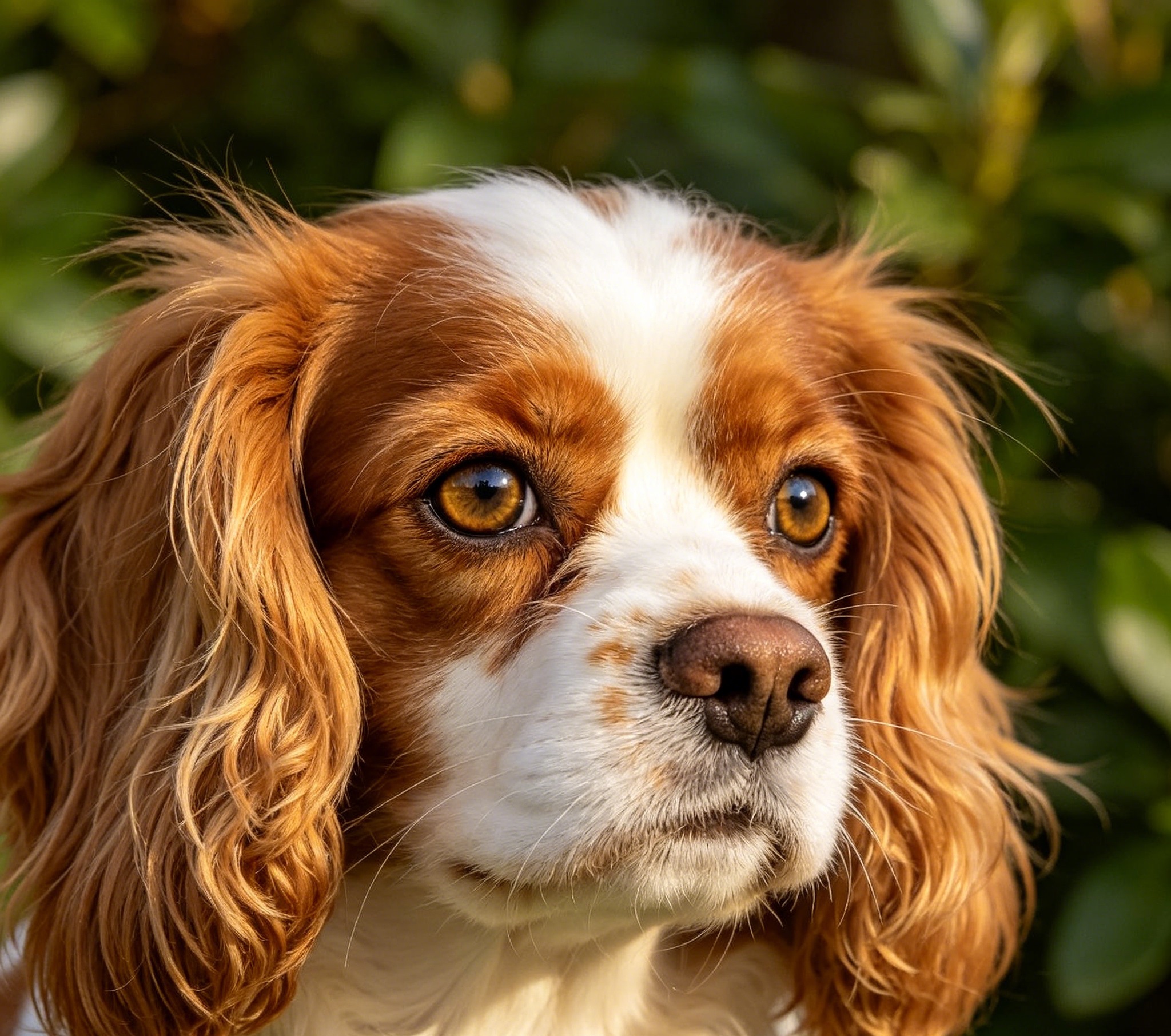 Adult Cavalier King Charles Spaniel sitting calmly, showing the long feathered ears and Blenheim chestnut-and-white markings