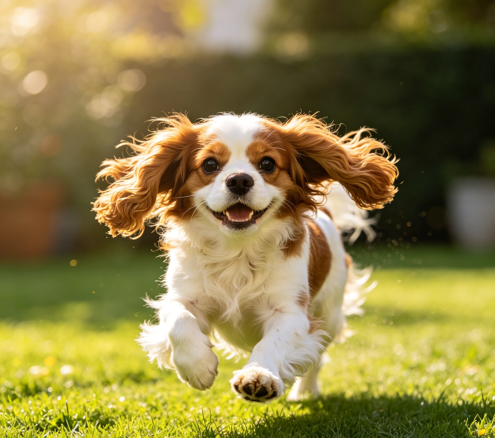 Cavalier King Charles Spaniel trotting happily across grass with ears bouncing