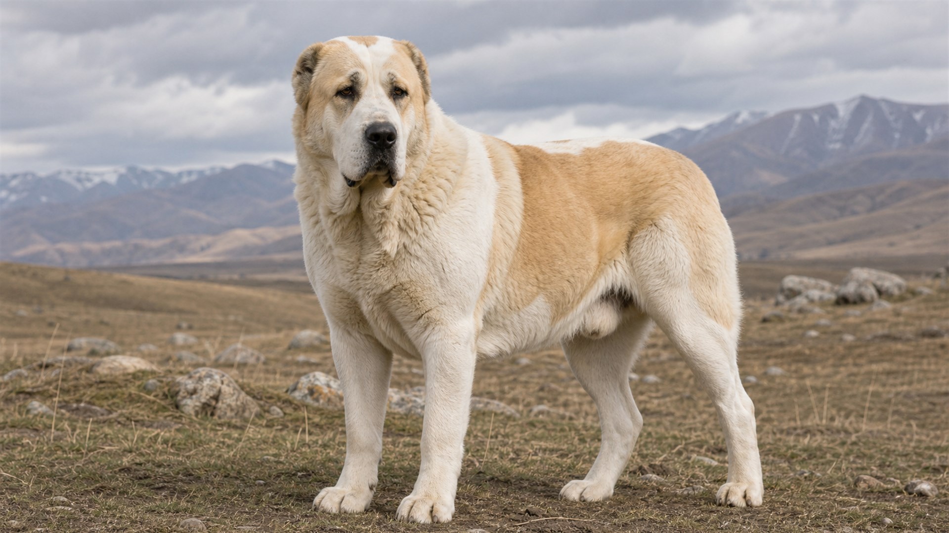Adult Central Asian Shepherd Dog standing with a broad head and calm guardian expression