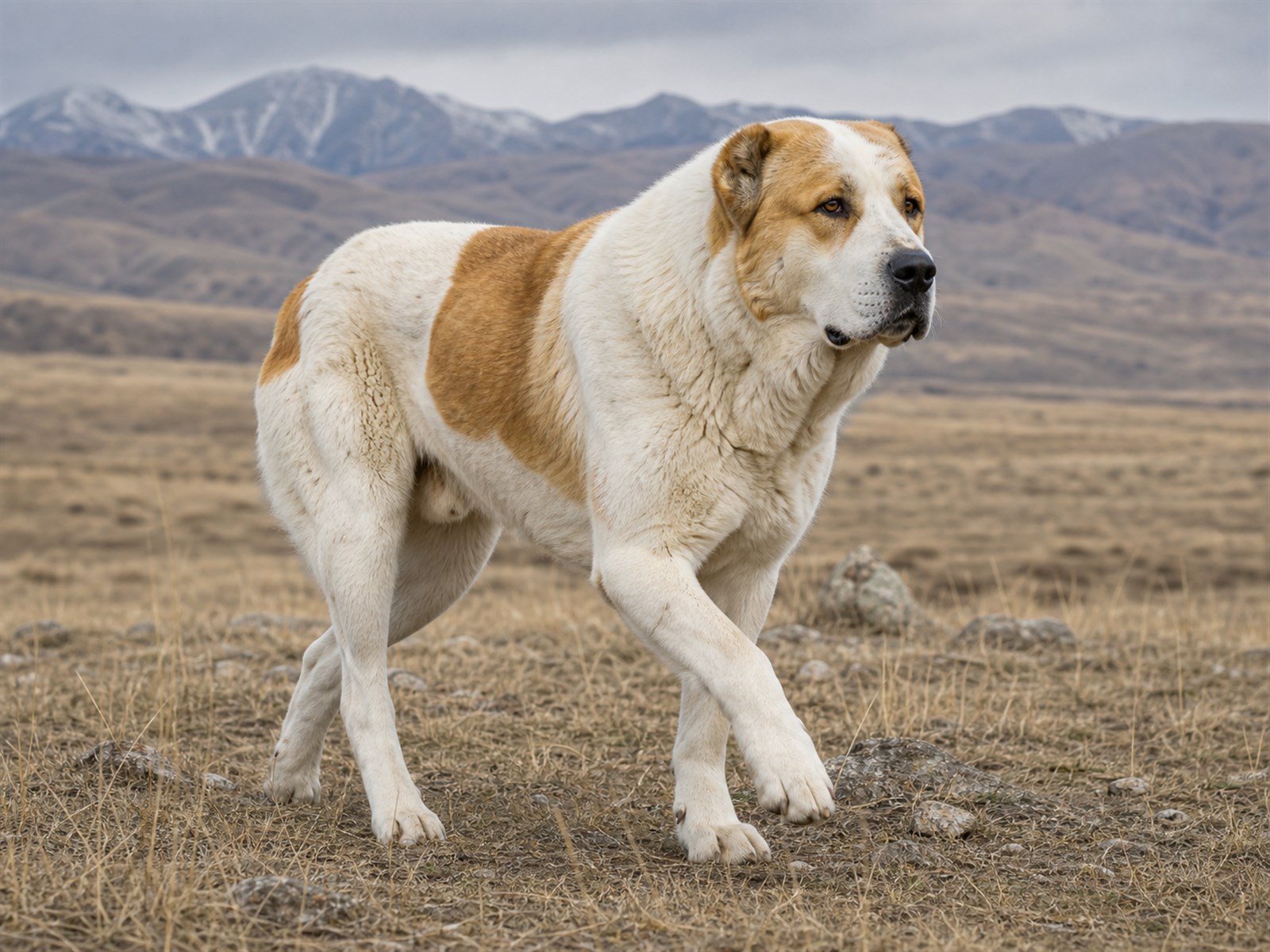 Central Asian Shepherd Dog walking across open land with a powerful guardian stance
