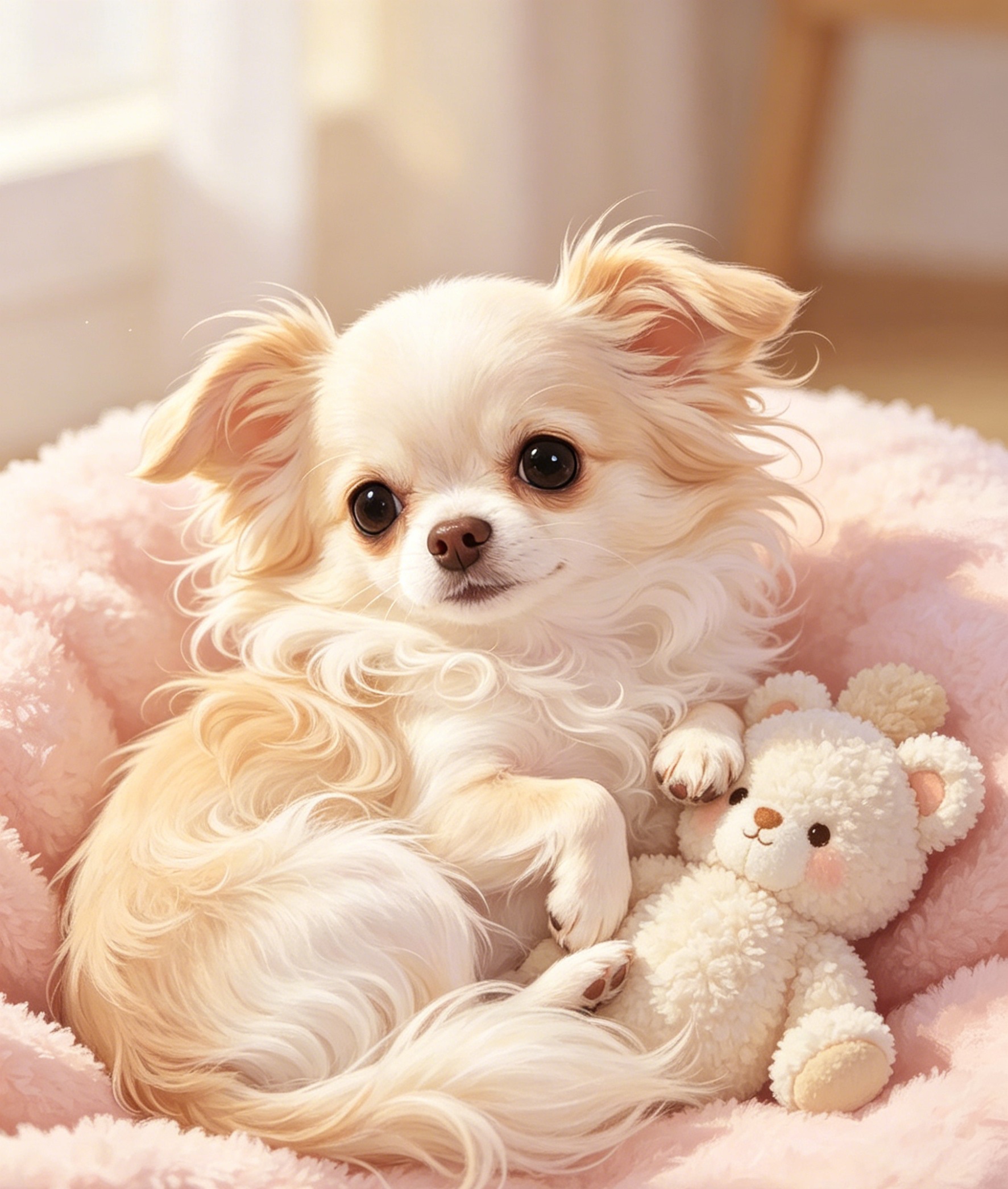 Long-coat Chihuahua playing on the floor with a bright, lively expression