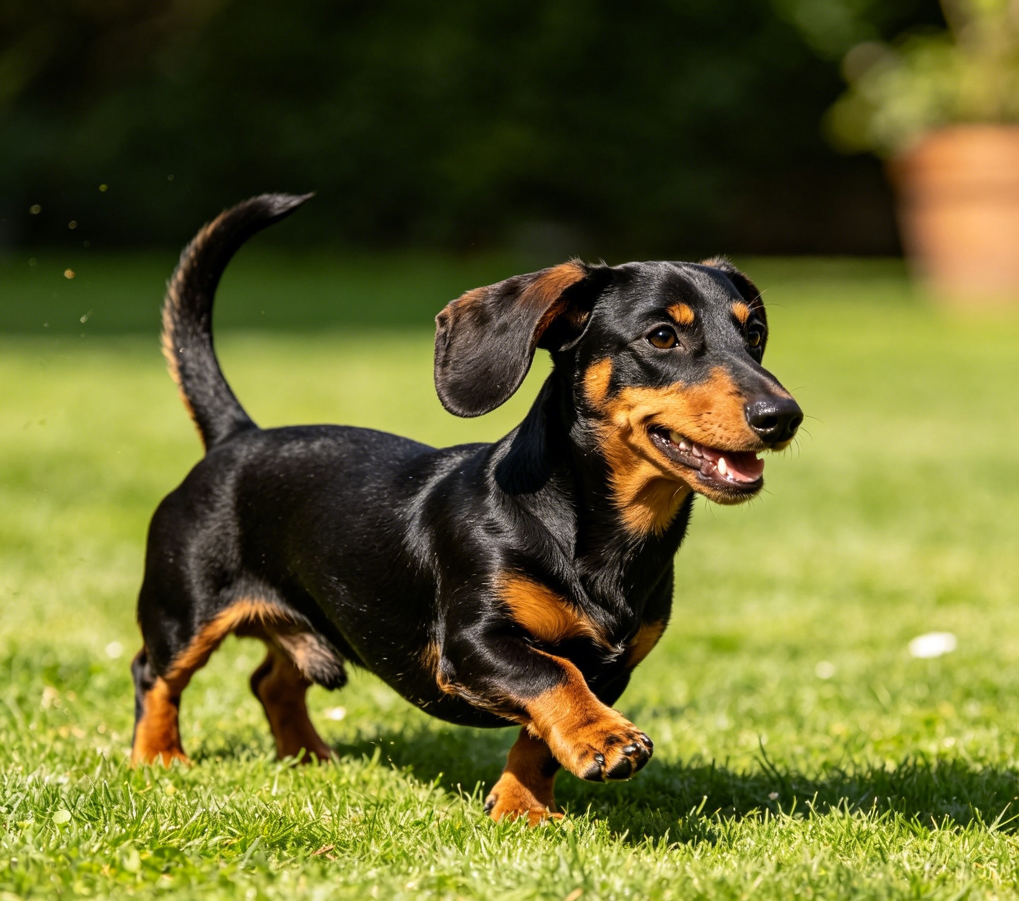 Longhaired Dachshund trotting through grass, ears and feathering in motion