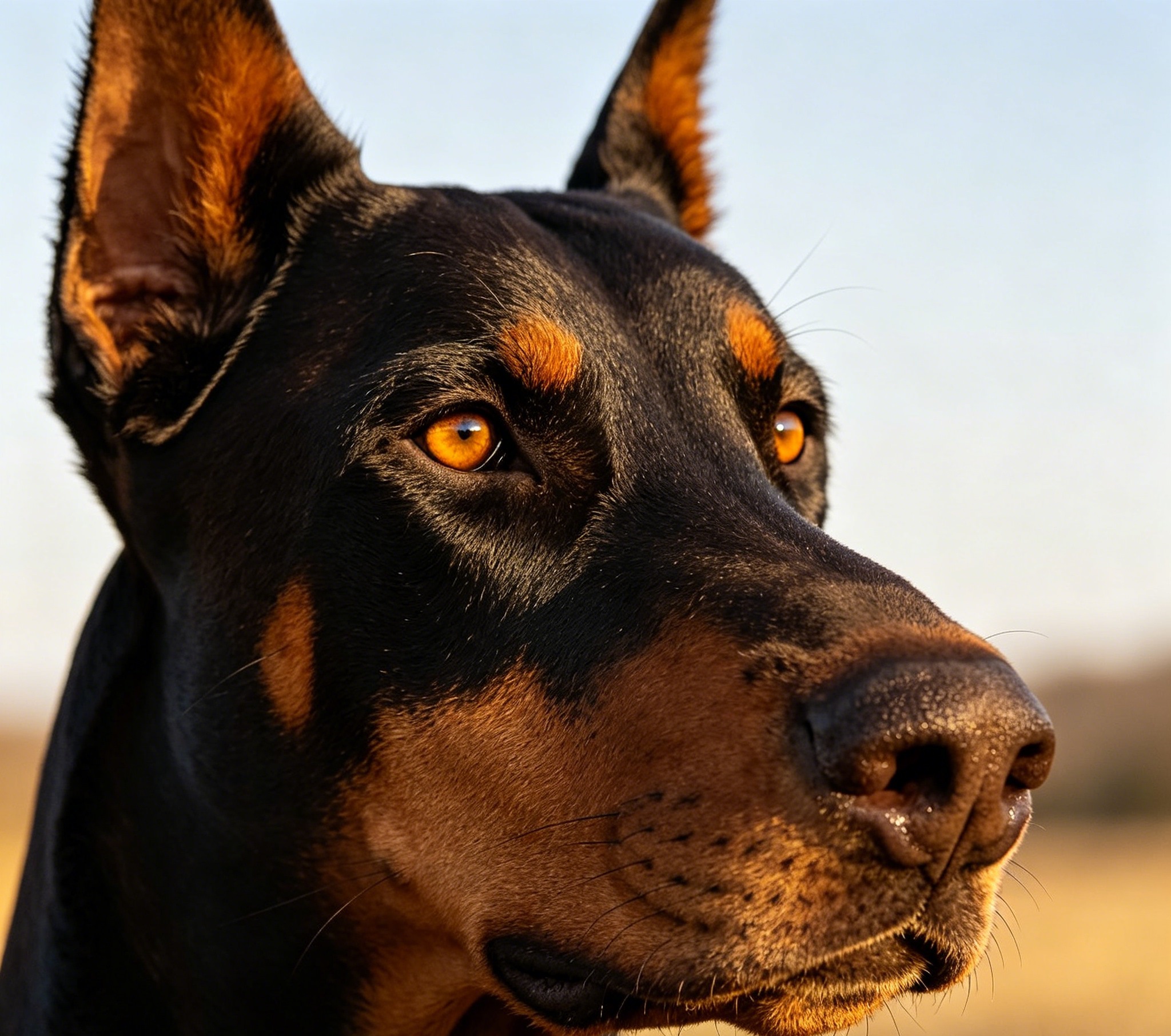 Adult Doberman Pinscher with a sleek black-and-tan coat, muscular athletic build, and an alert, intelligent gaze
