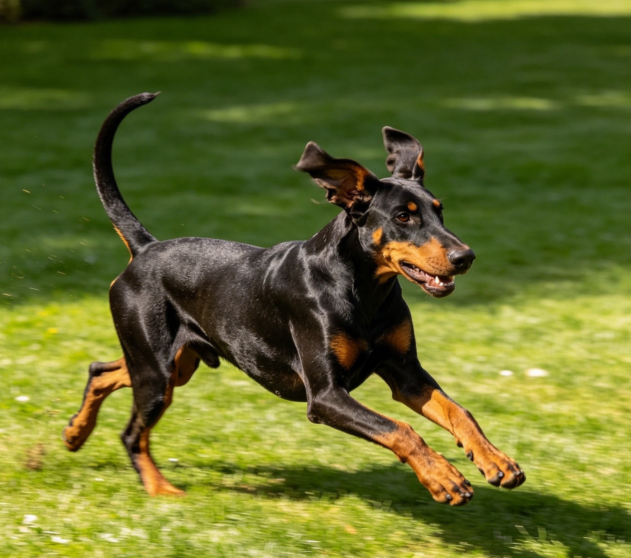 Doberman Pinscher in athletic motion outdoors, muscles defined, moving with the breed's signature power and grace