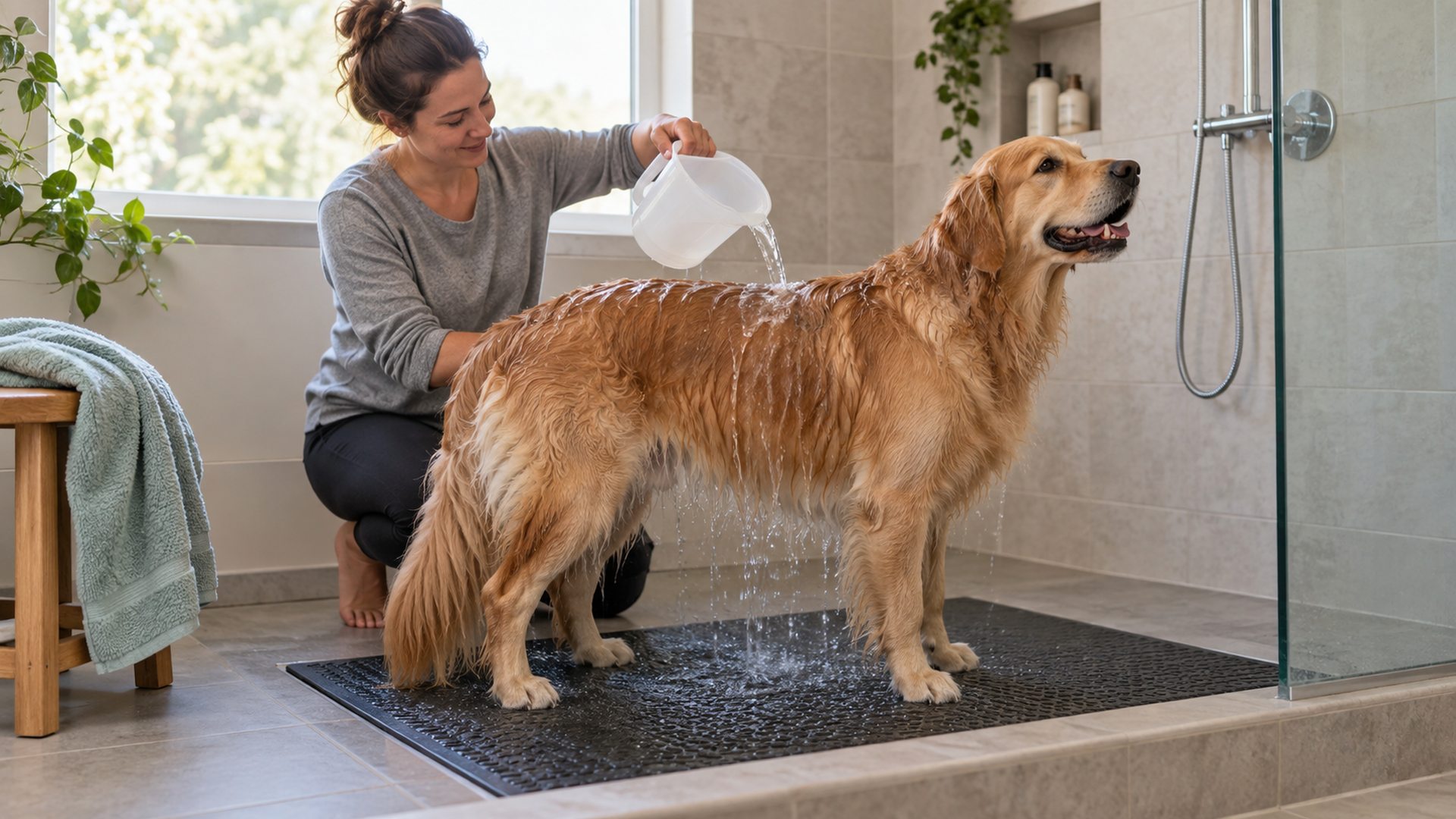 Adult Golden Retriever standing on a nonslip mat in a walk-in shower while an adult gently rinses its back