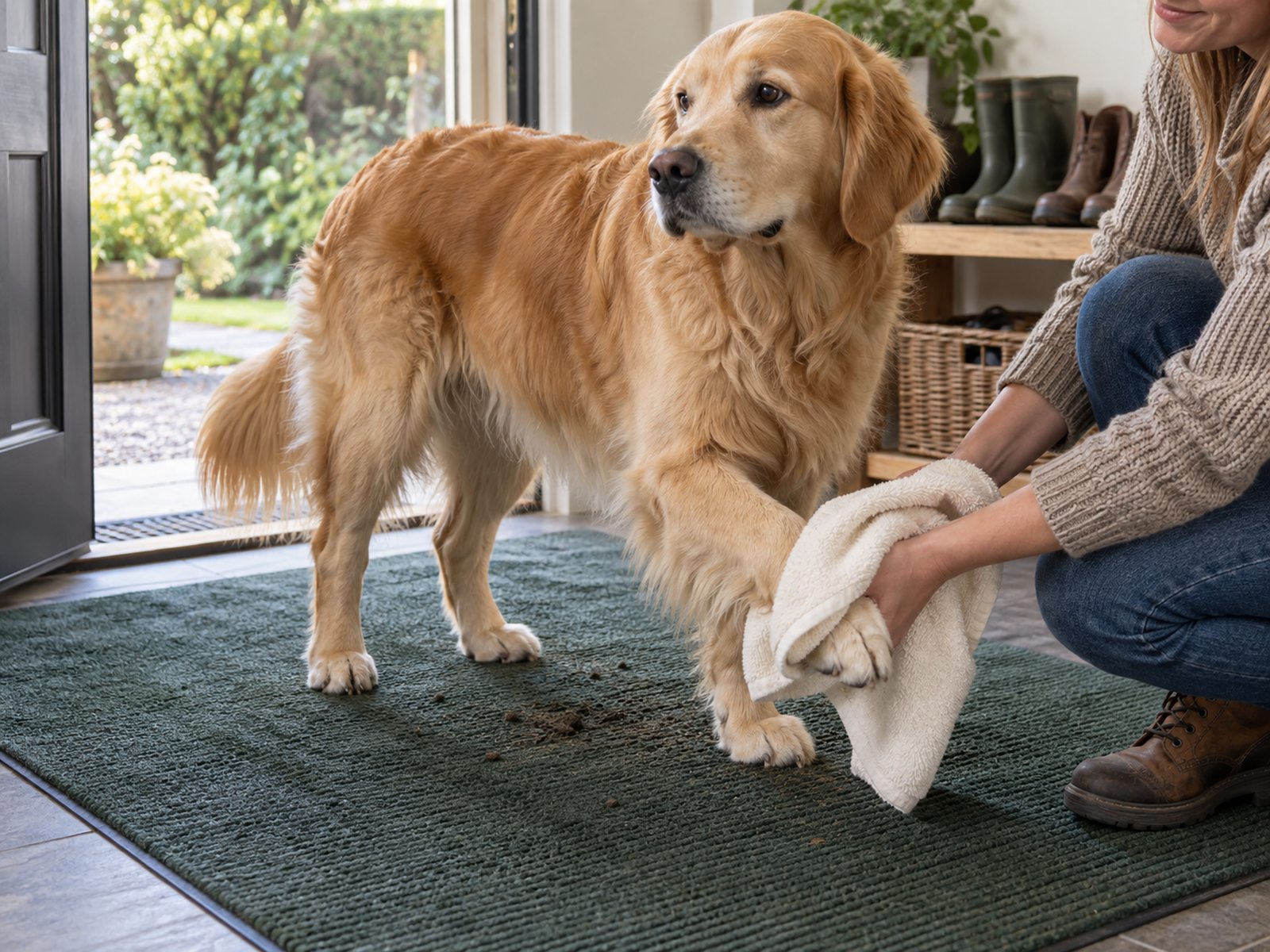 Golden Retriever standing on a washable entryway mat while an adult gently dries one front paw with a towel after a walk