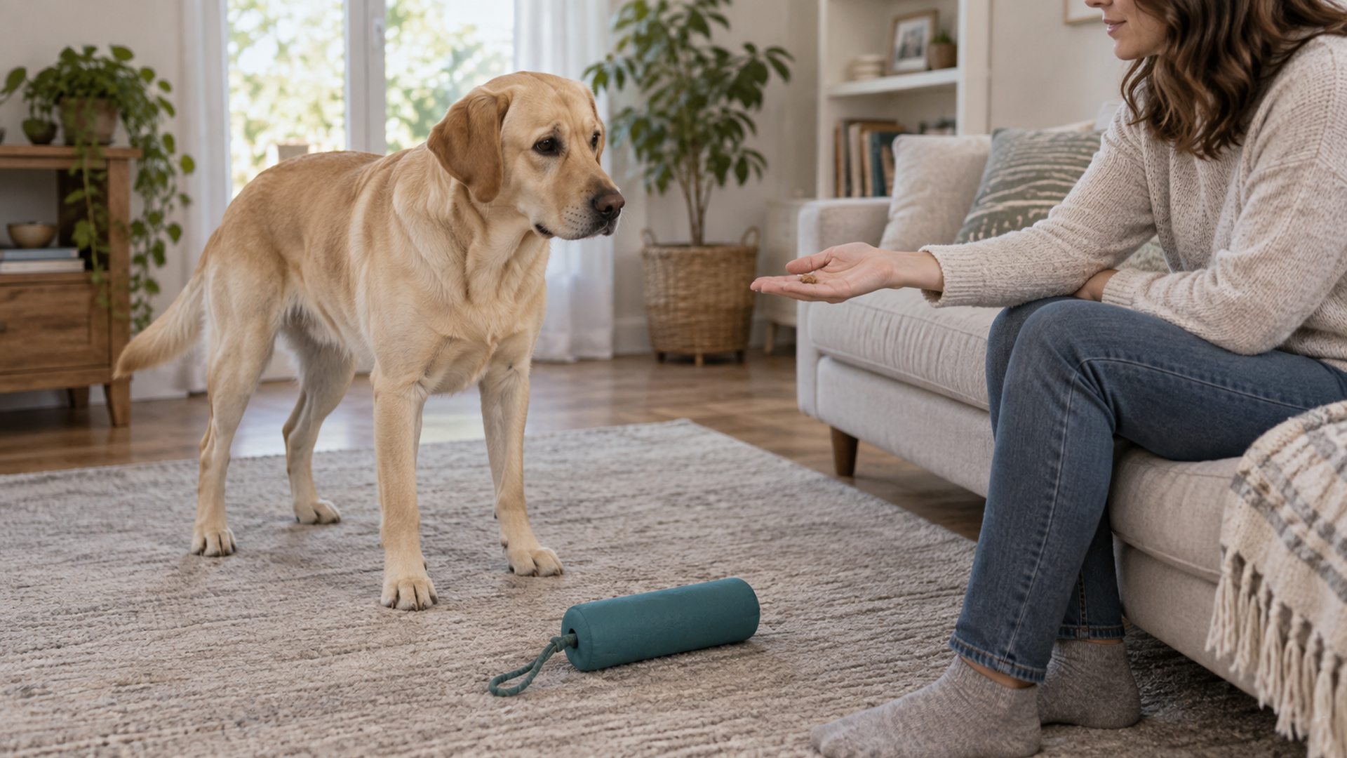 Yellow Labrador standing beside a released teal toy while an adult offers a treat away from the toy