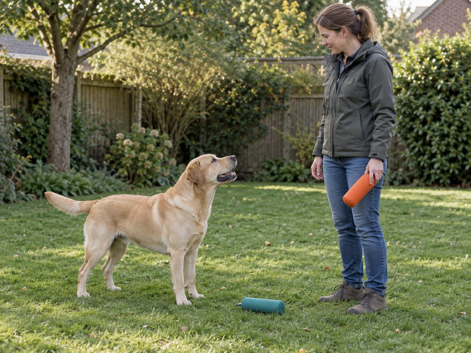 Yellow Labrador watching an adult holding an orange retrieving toy with a teal toy resting on the garden grass