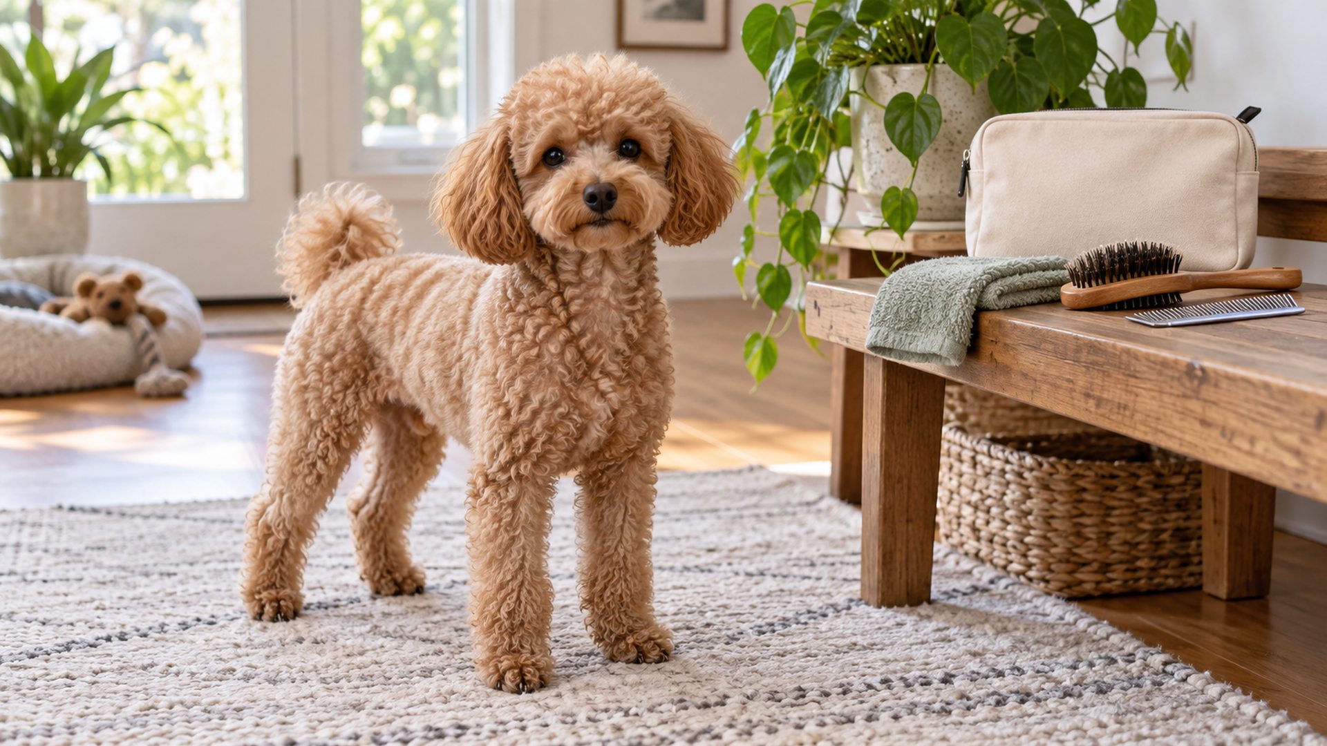 Apricot Toy Poodle standing on a rug beside a bench with a towel, brush, comb, and grooming pouch