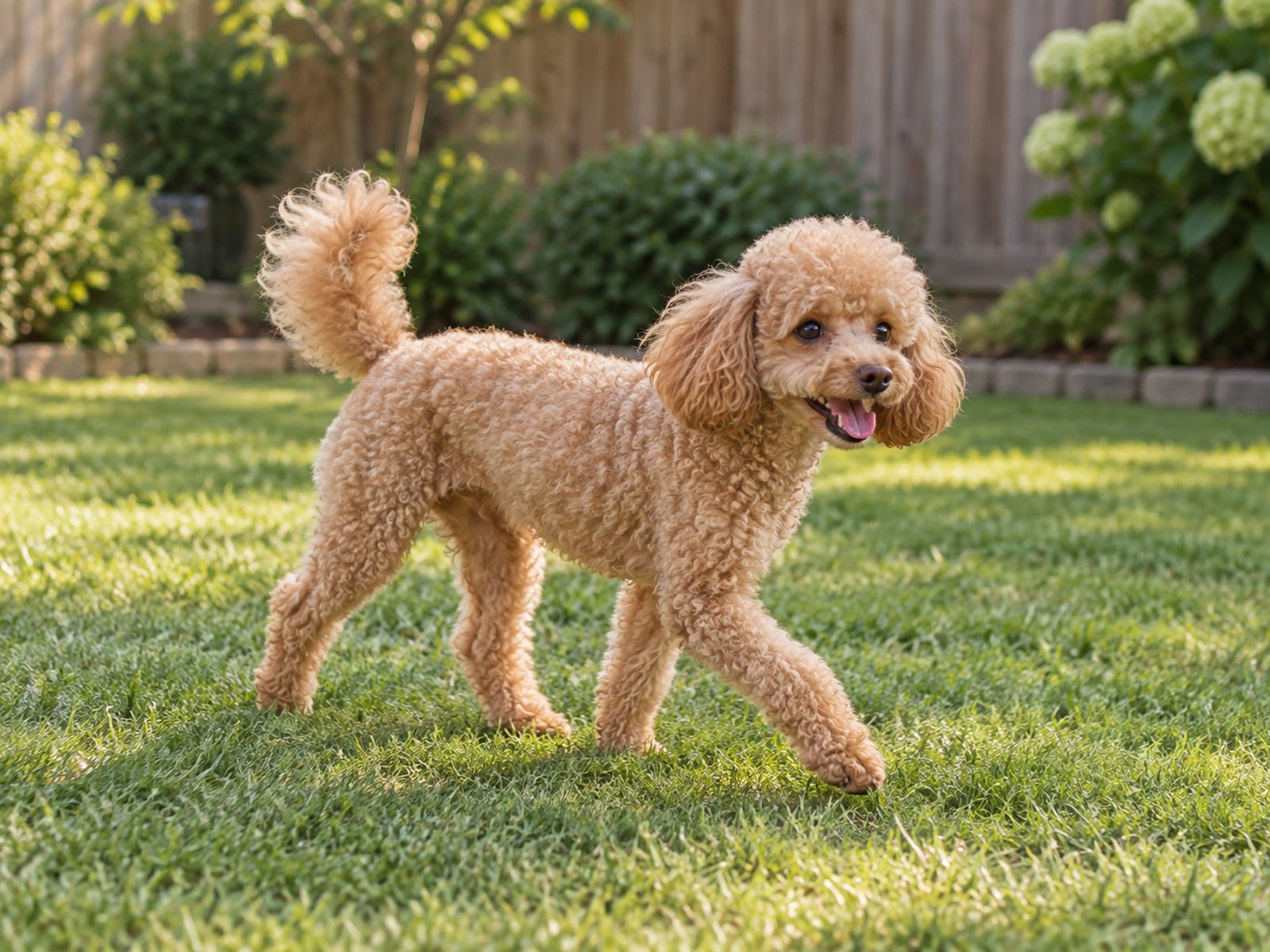 Apricot Toy Poodle with a tidy curly coat trotting across an enclosed garden lawn