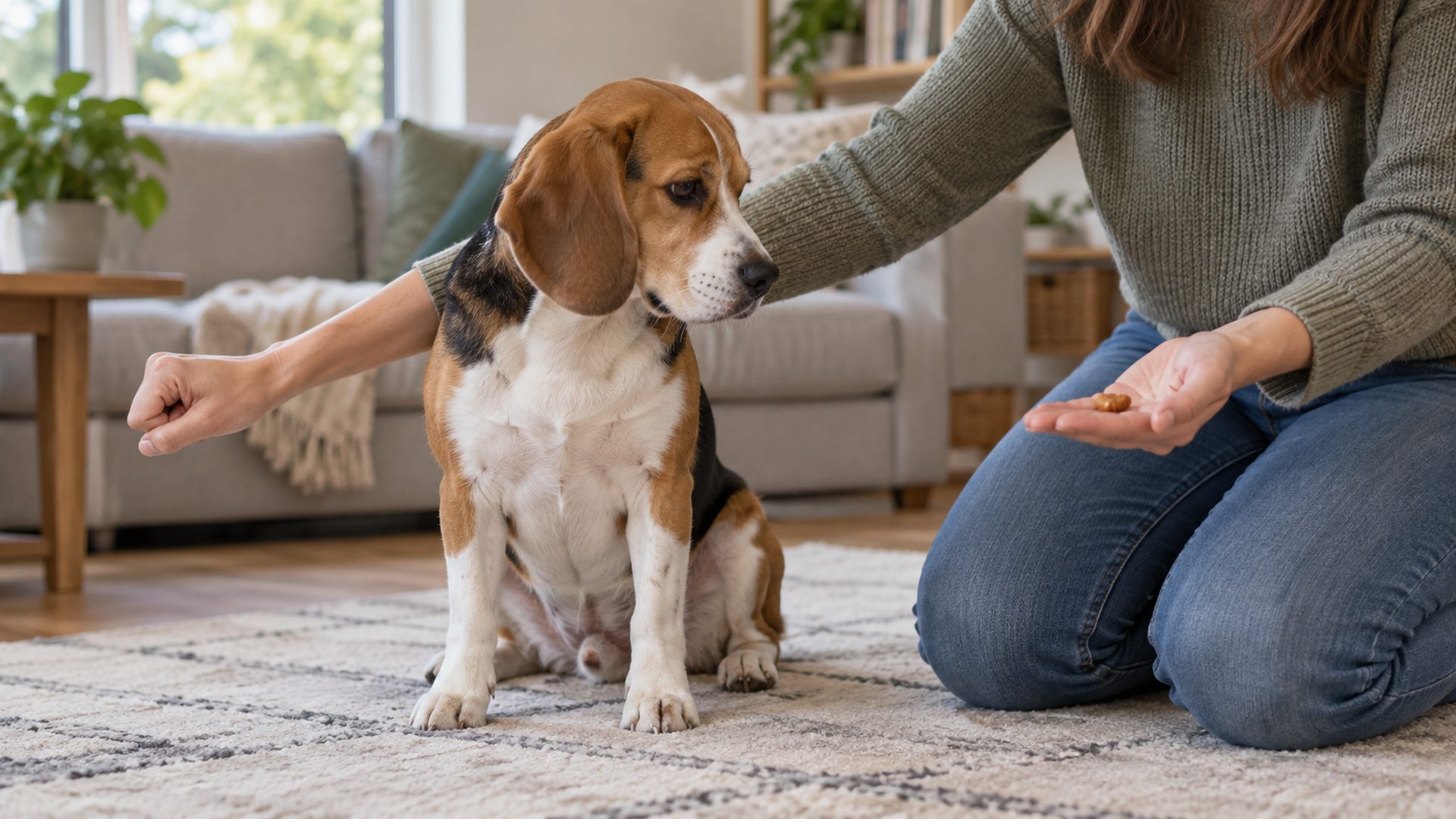 Tricolor Beagle turning toward an adult's open reward hand during a quiet indoor training exercise