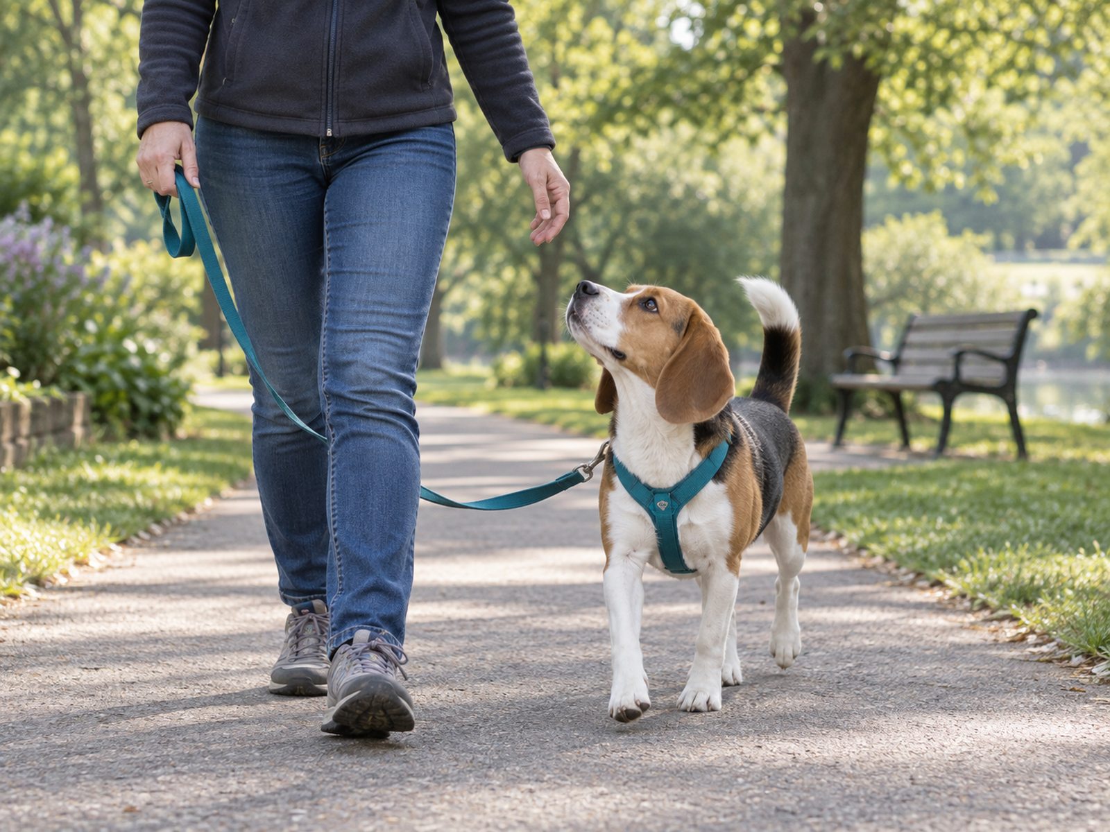 Tricolor Beagle wearing a teal harness and checking in with an adult on a loose leash beside a park path