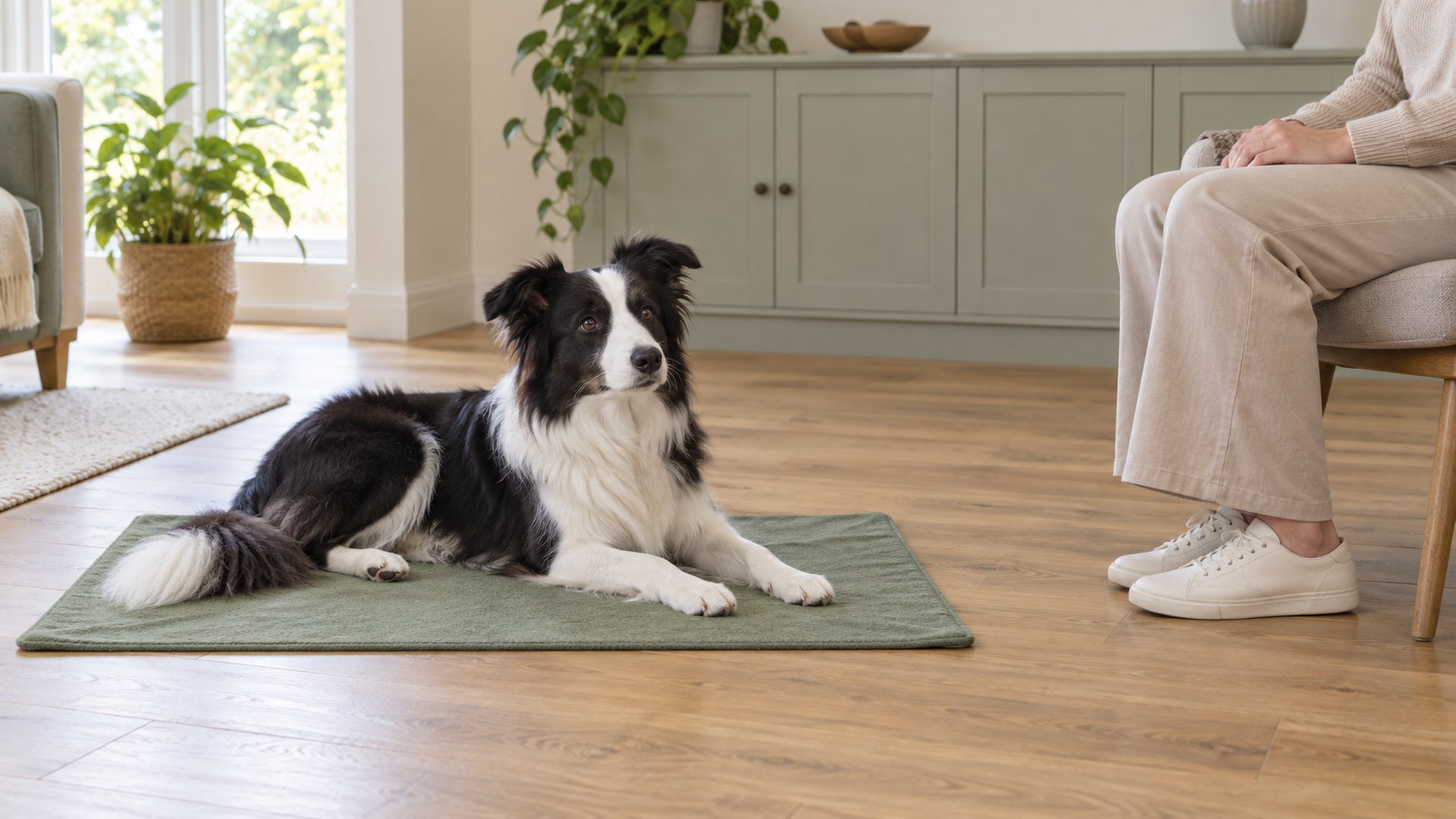 Black-and-white Border Collie lying on a green mat beside an adult seated quietly in a living room